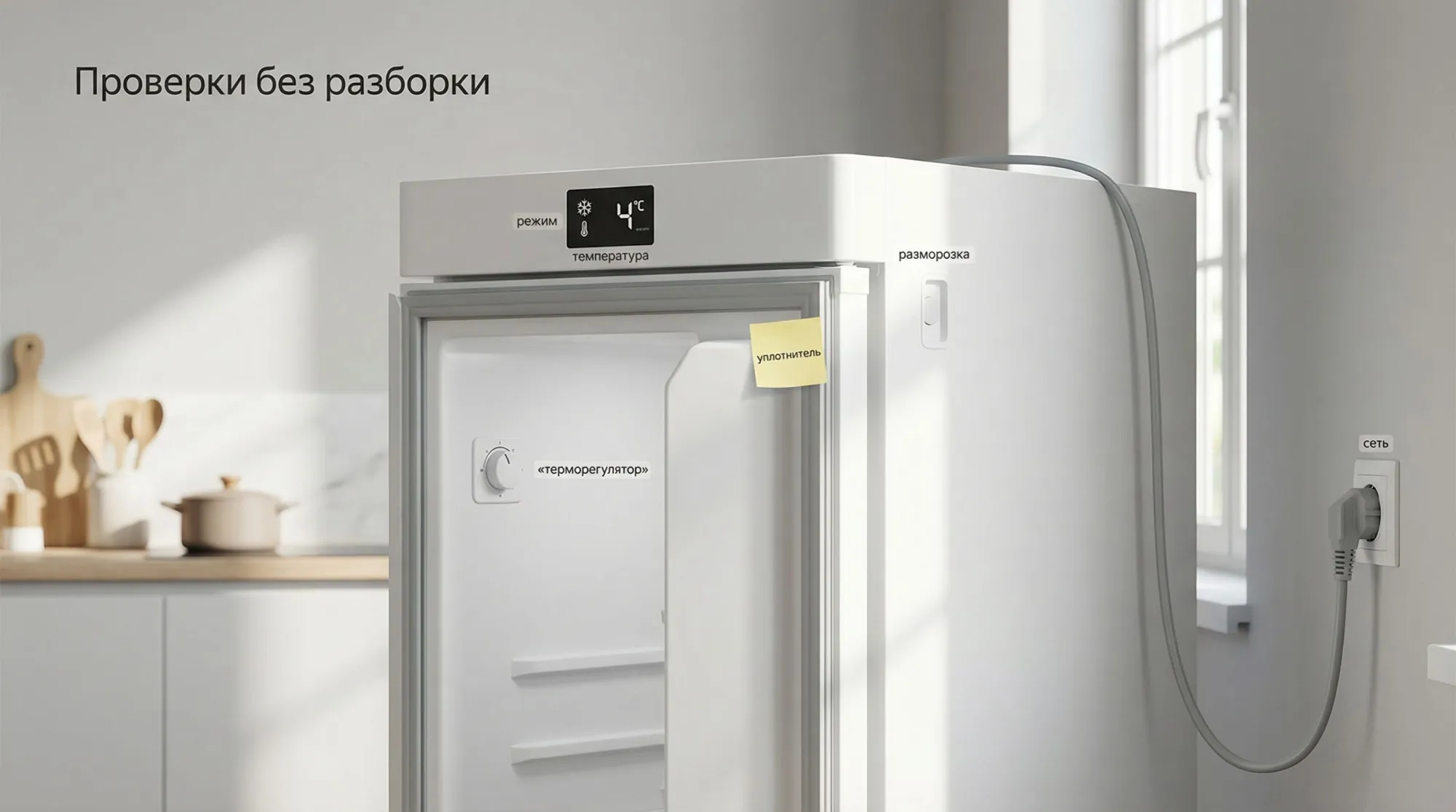 Современный холодильник в кухонном интерьере, вид чуть сверху спереди. На переднем плане сам холодильник, дверь слегка приоткрыта, внутри видно ручку механического терморегулятора