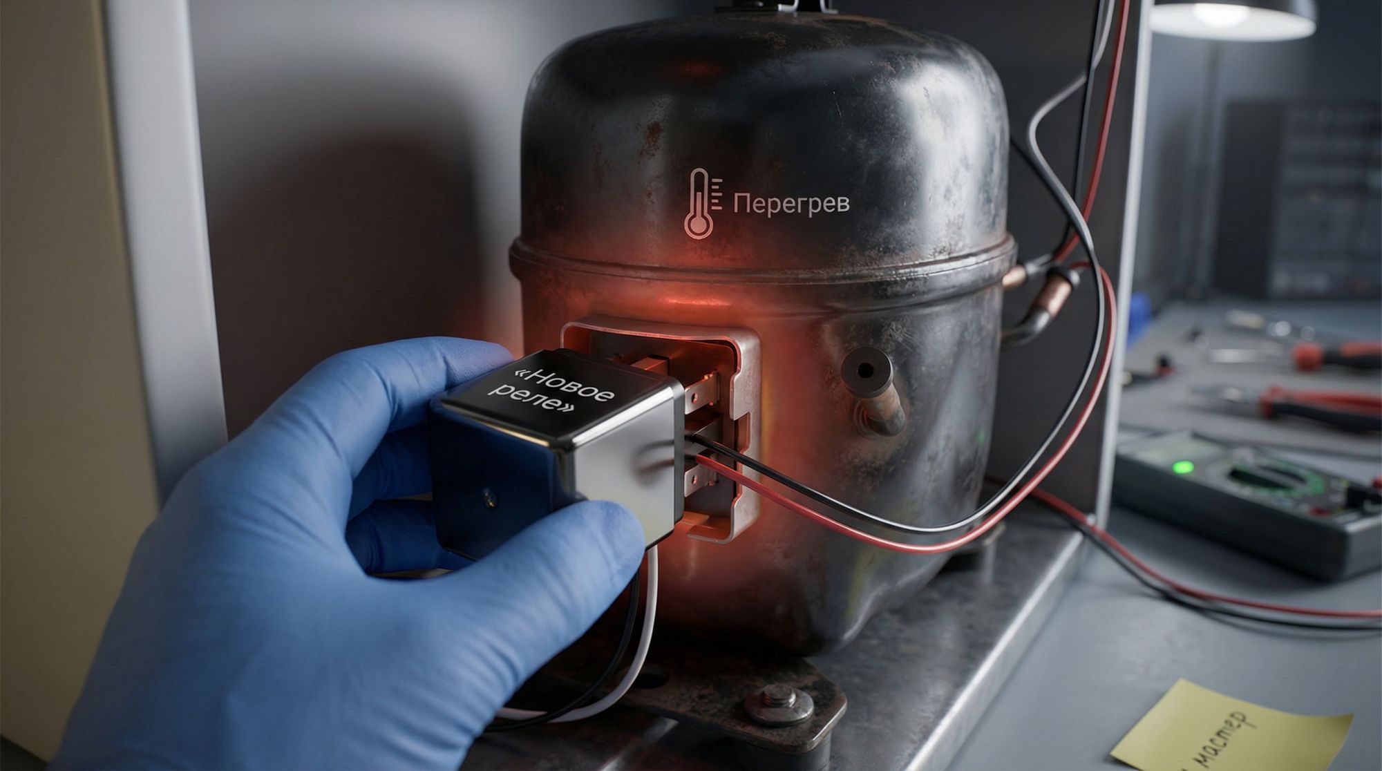 Современная аккуратная иллюстрация: на переднем плане корпус холодильного компрессора крупным планом, к нему рукой уже подключено новое блестящее пусковое реле. На реле тонкой