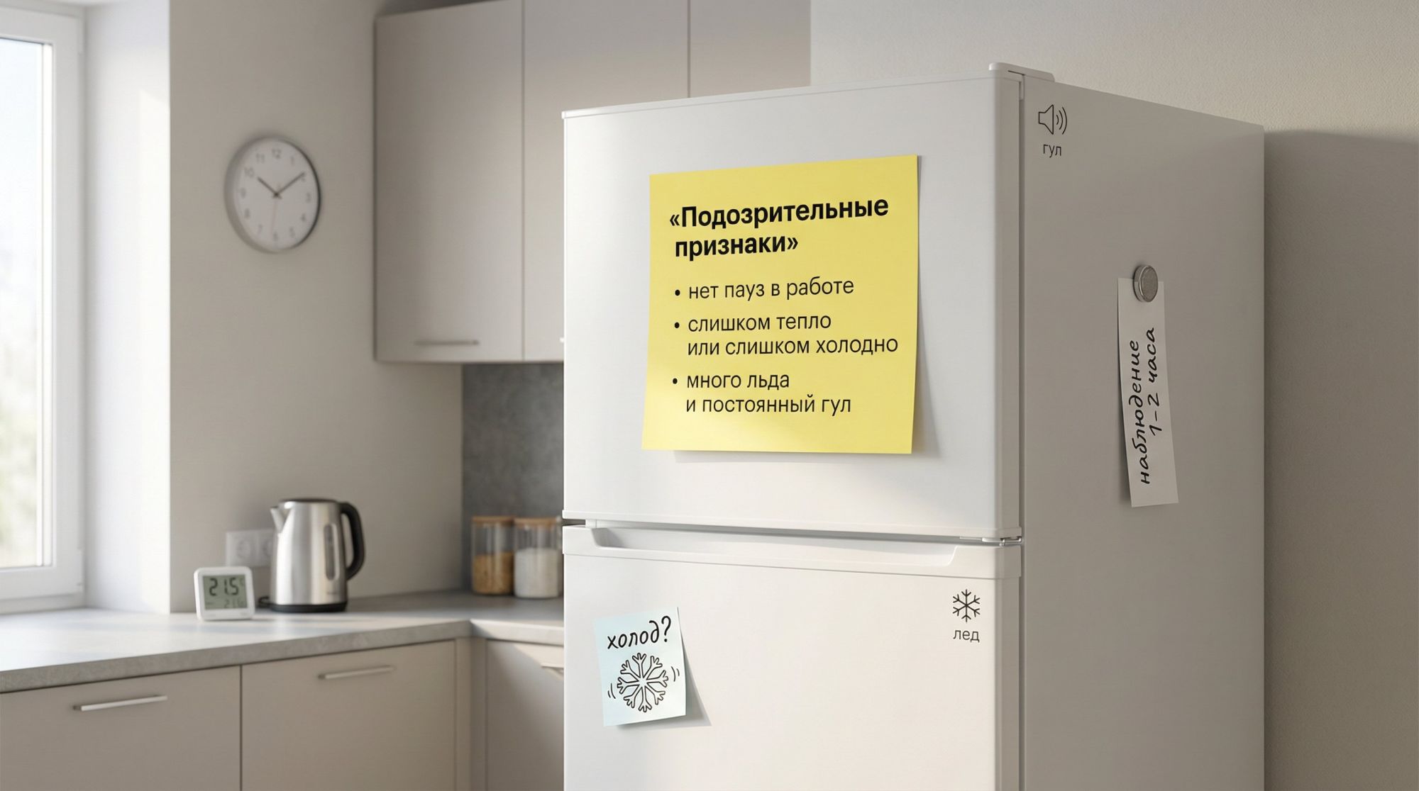 Интерьер современной кухни в спокойных тонах. В центре — крупным планом стандартный двухкамерный холодильник, вид чуть сбоку. На двери холодильника приклеен большой яркий стикер с