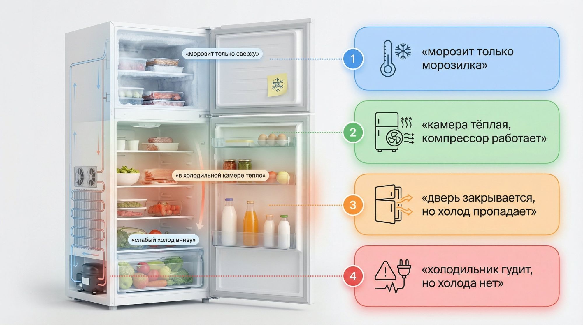 Современный холодильник в разрезе, вид сбоку, четыре условных сценария разложены как понятная «картина по симптомам». Слева реалистичный, но упрощённый силуэт двухкамерного