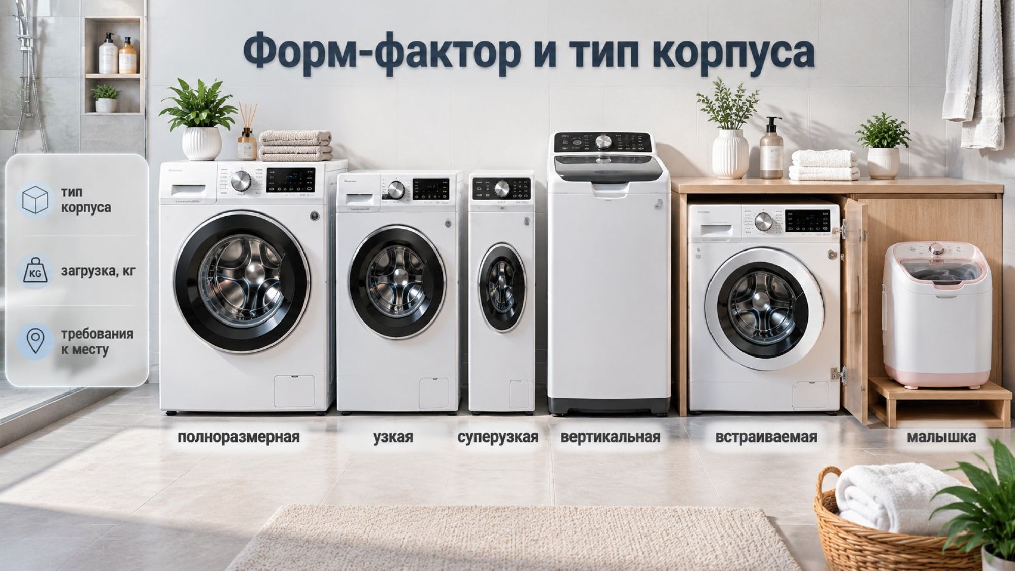 Чистая светлая ванная комната сверху‑под 3/4, современный минималистичный стиль. В центре композиции — сравнительная схема разных форм‑факторов стиральных машин, выстроенных в ряд