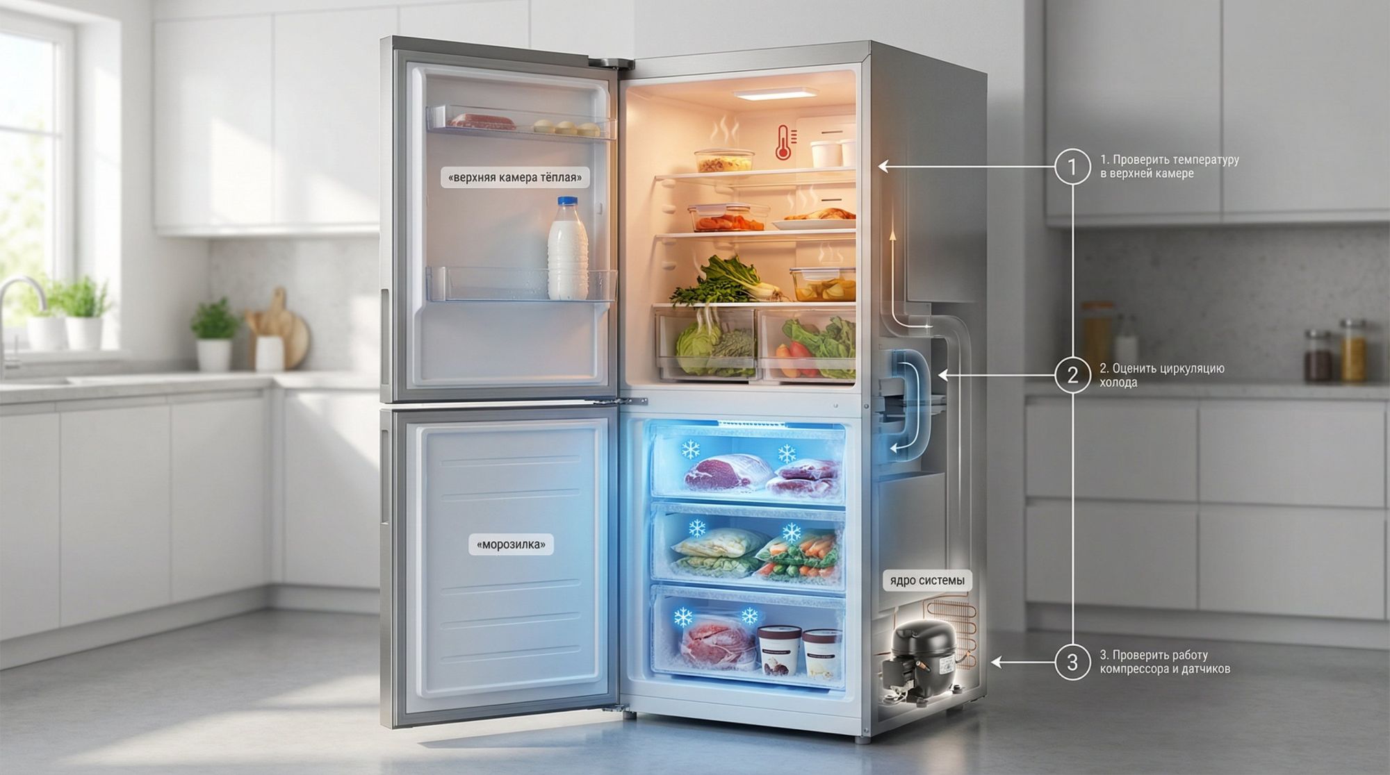 Современная кухня, на переднем плане двухкамерный холодильник в поясном разрезе, показанный схематично, но реалистично. Нижняя морозилка подсвечена холодным голубым цветом и