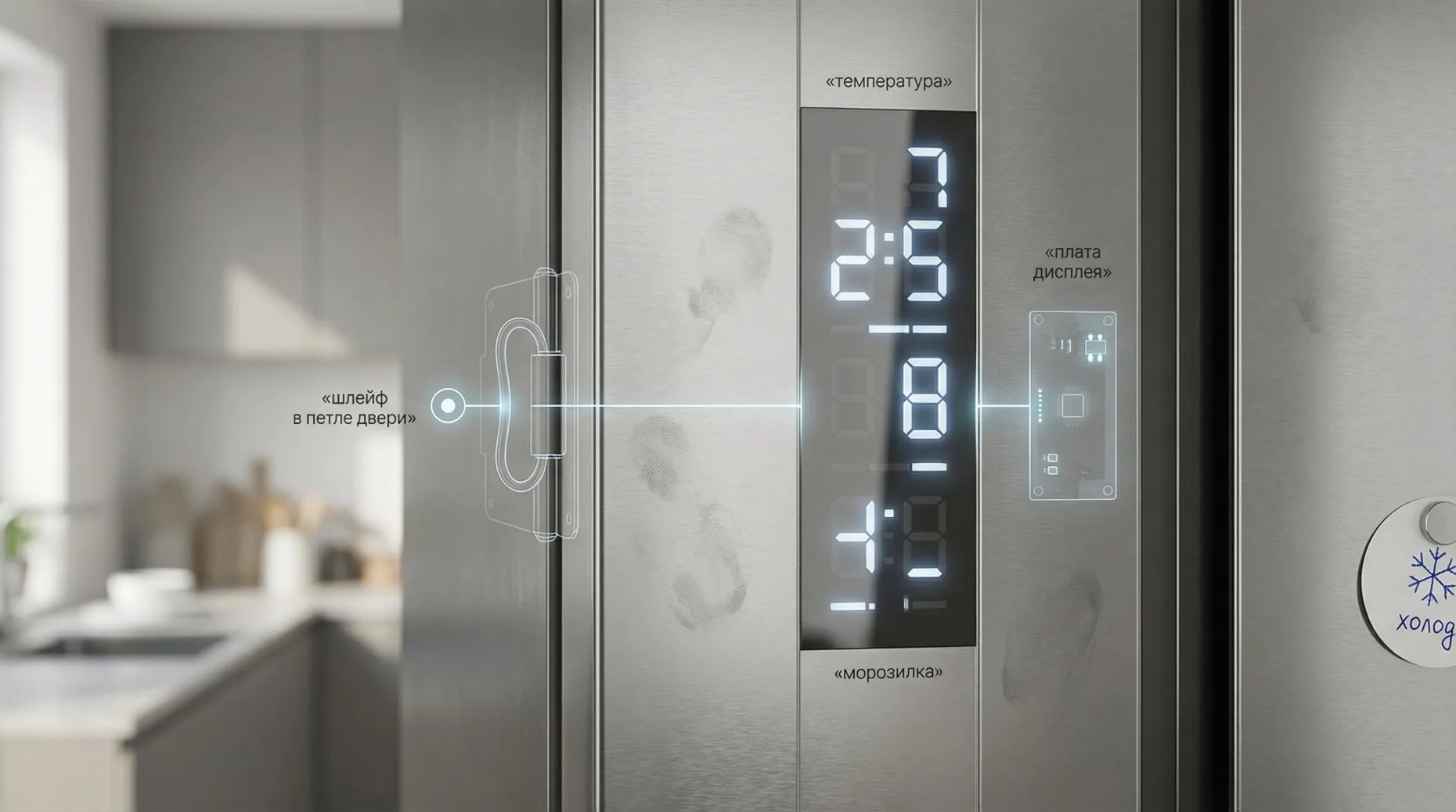 Крупный план дверцы современного холодильника в нейтральной кухне, фон минималистичный и размытый. В центре — вертикальная зона с электронным дисплеем. На самом дисплее видны