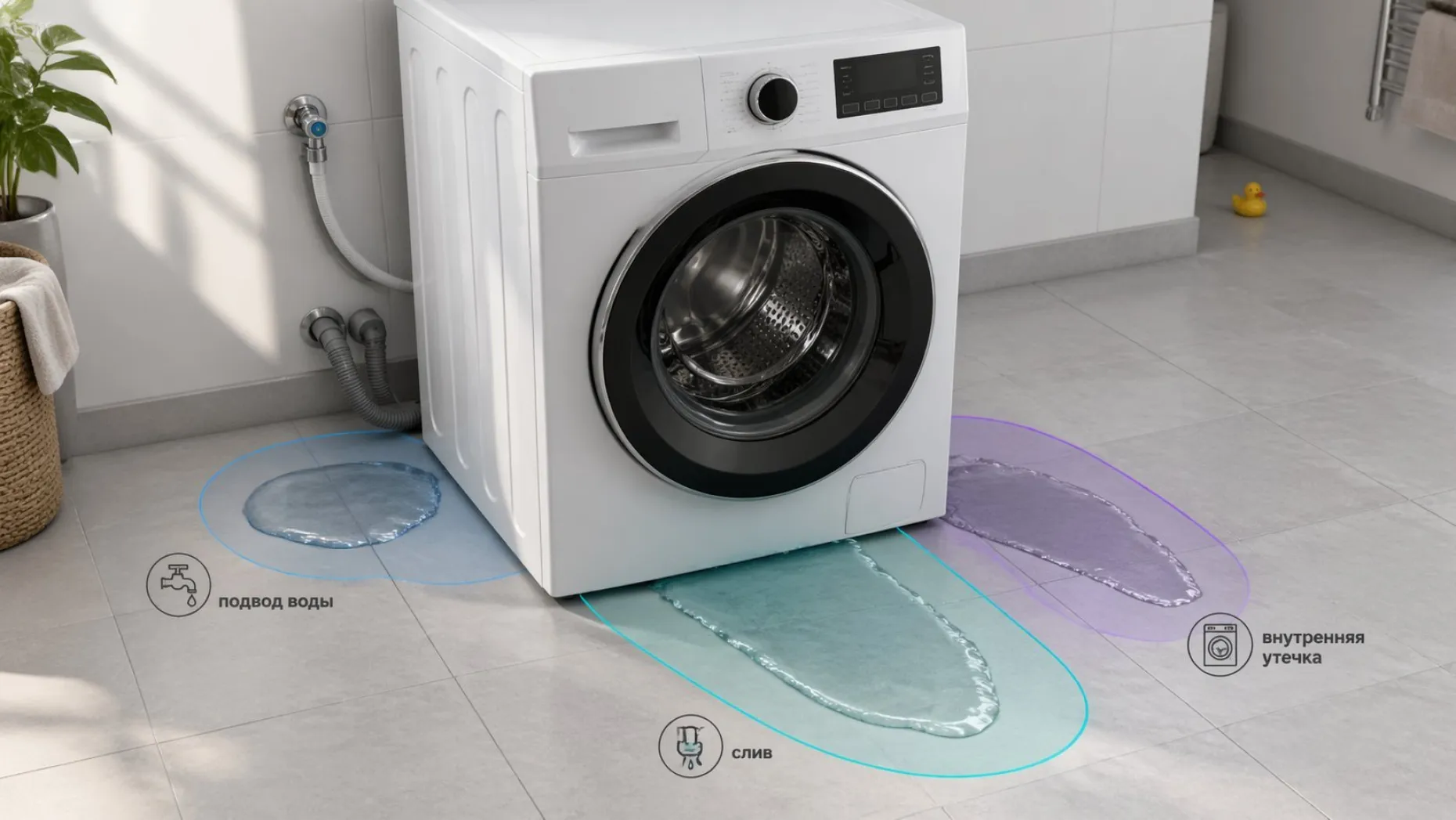 Современная стиральная машина в ванной комнате, вид слегка сверху, чтобы был хорошо заметен пол вокруг. На полу вокруг машинки три условные зоны, выделенные мягкими