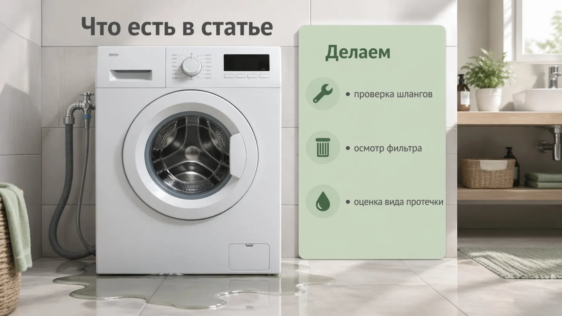 Горизонтальная иллюстрация в современном, аккуратном стиле. Слева — стиральная машина в ванной, вокруг немного воды на полу, но без катастрофы; над машиной крупная
