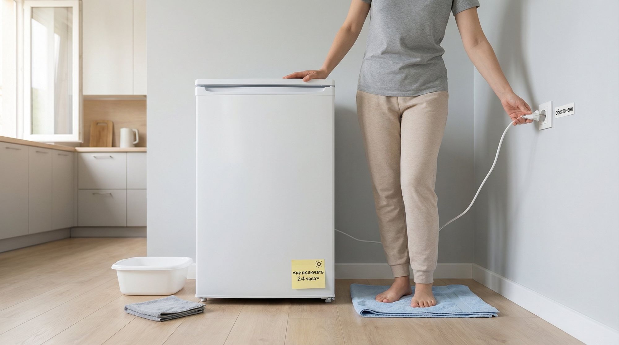 Аккуратная современная кухня в нейтральных тонах, в центре — белый холодильник, немного выдвинутый от стены. На переднем плане человек в бытовой одежде, стоит на сложенном сухом