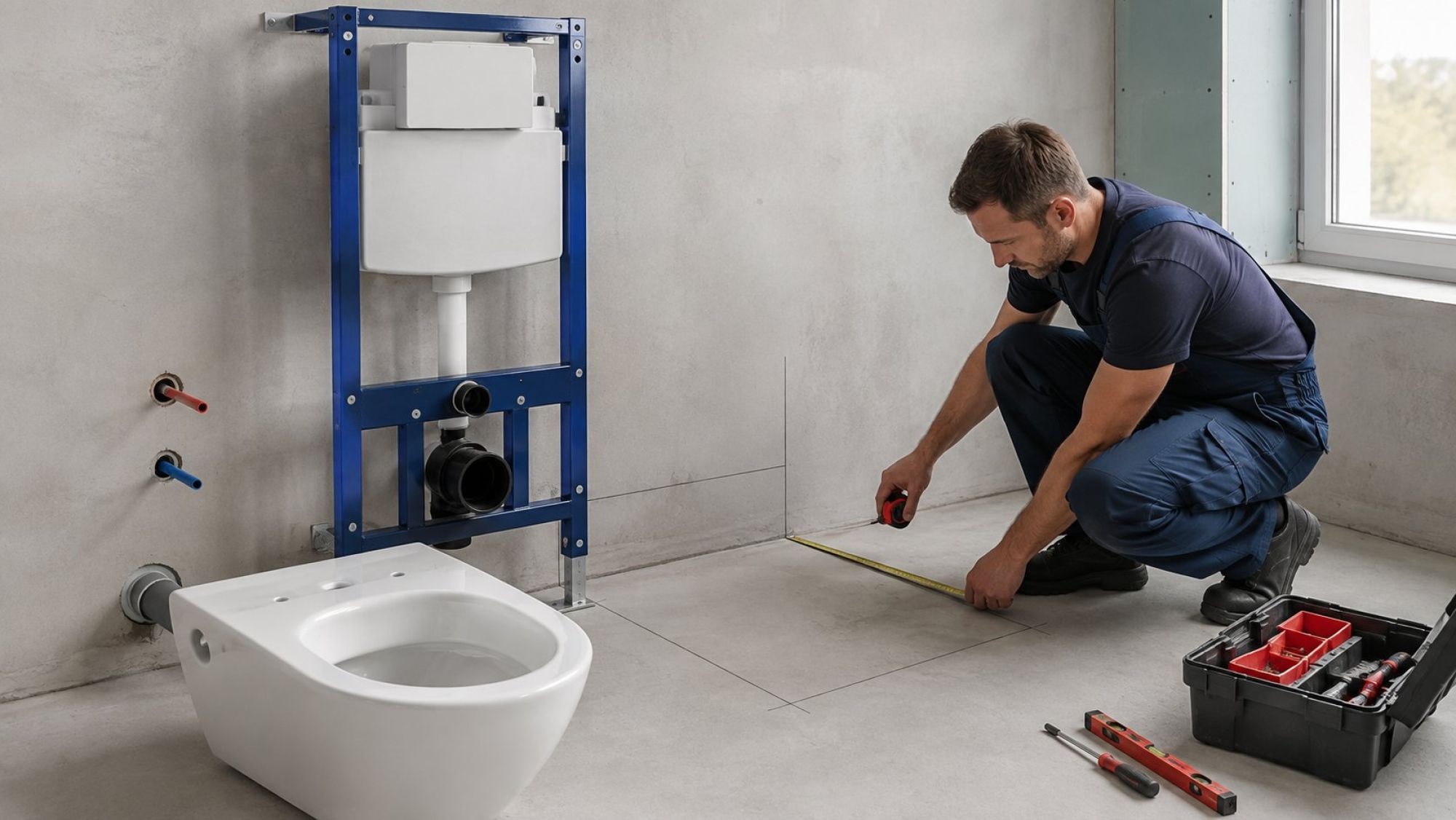 Реалистичная clean product-style сцена в санузле до монтажа: у стены стоит металлическая рама инсталляции без обшивки, рядом приставлена керамическая чаша унитаза, на полу и стене