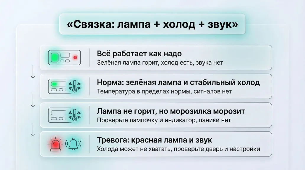 На светлом фоне вертикальная схема-состояний «как читать сигналы лампочек». Вверху заголовок: «Связка: лампа + холод + звук». Под ним четыре крупные горизонтальные строки, каждая