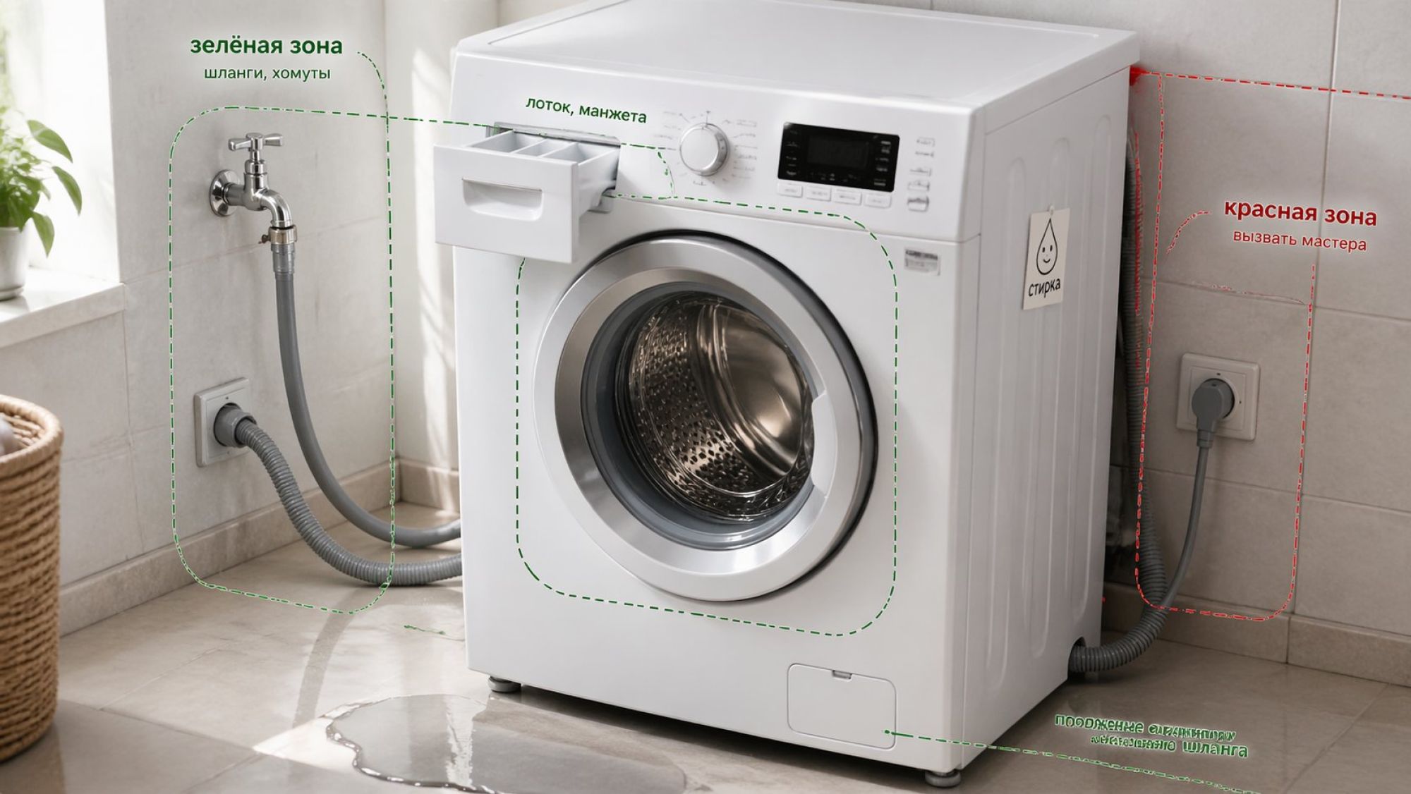 Современная стиральная машина в ванной, вид немного сверху и спереди. Машина чуть отодвинута от стены, крышка и панели НЕ сняты, подчеркнуто, что ремонт только внешний. На сцене