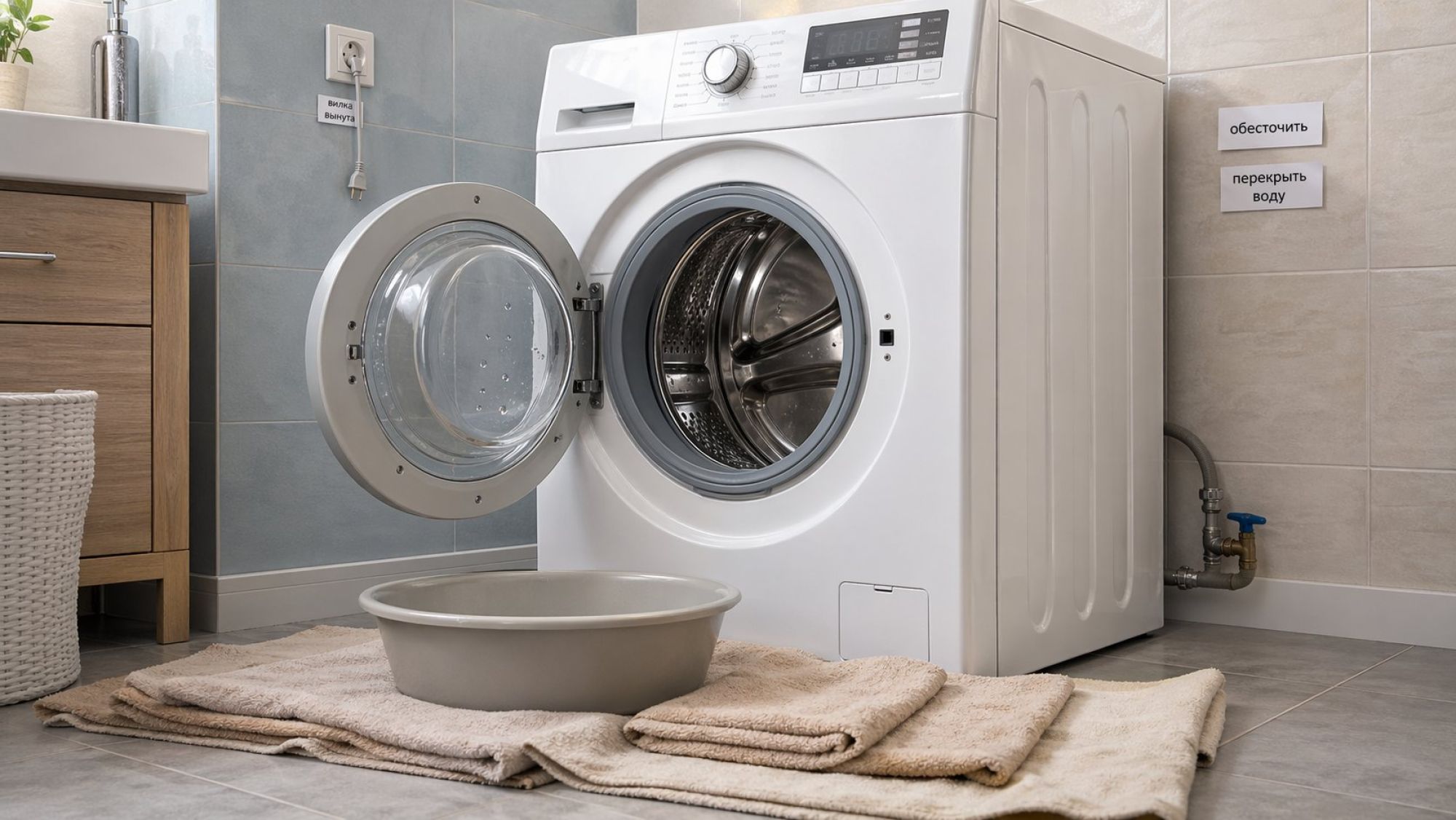 Современная стиральная машина в ванной, вид немного сверху и сбоку. Машинка уже слегка отодвинута от стены примерно на 5–10 см: это видно по узкой полоске пола и плинтуса за ней