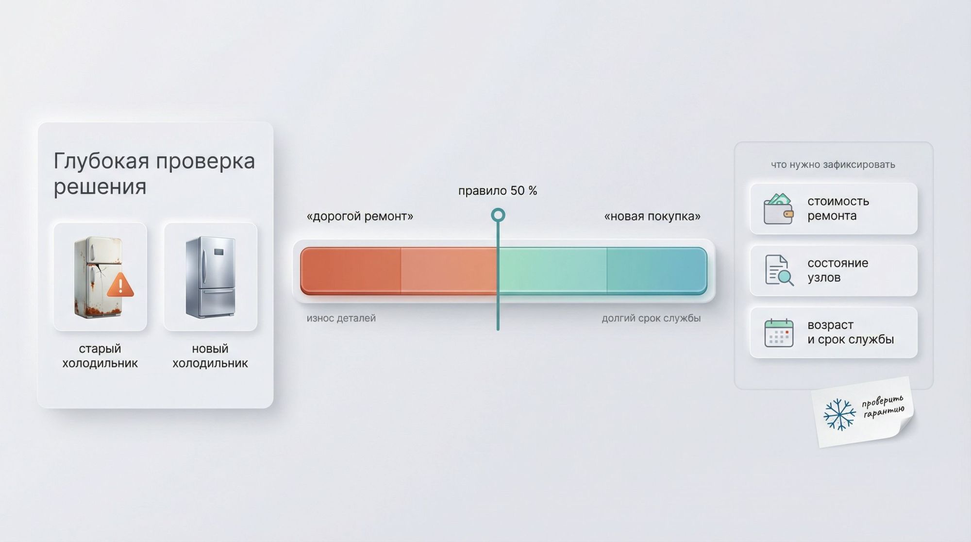 Современная, минималистичная инфографика на светлом фоне: в центре большая горизонтальная шкала‑диаграмма решения по холодильнику. Слева крупный блок с заголовком сверху «Глубокая