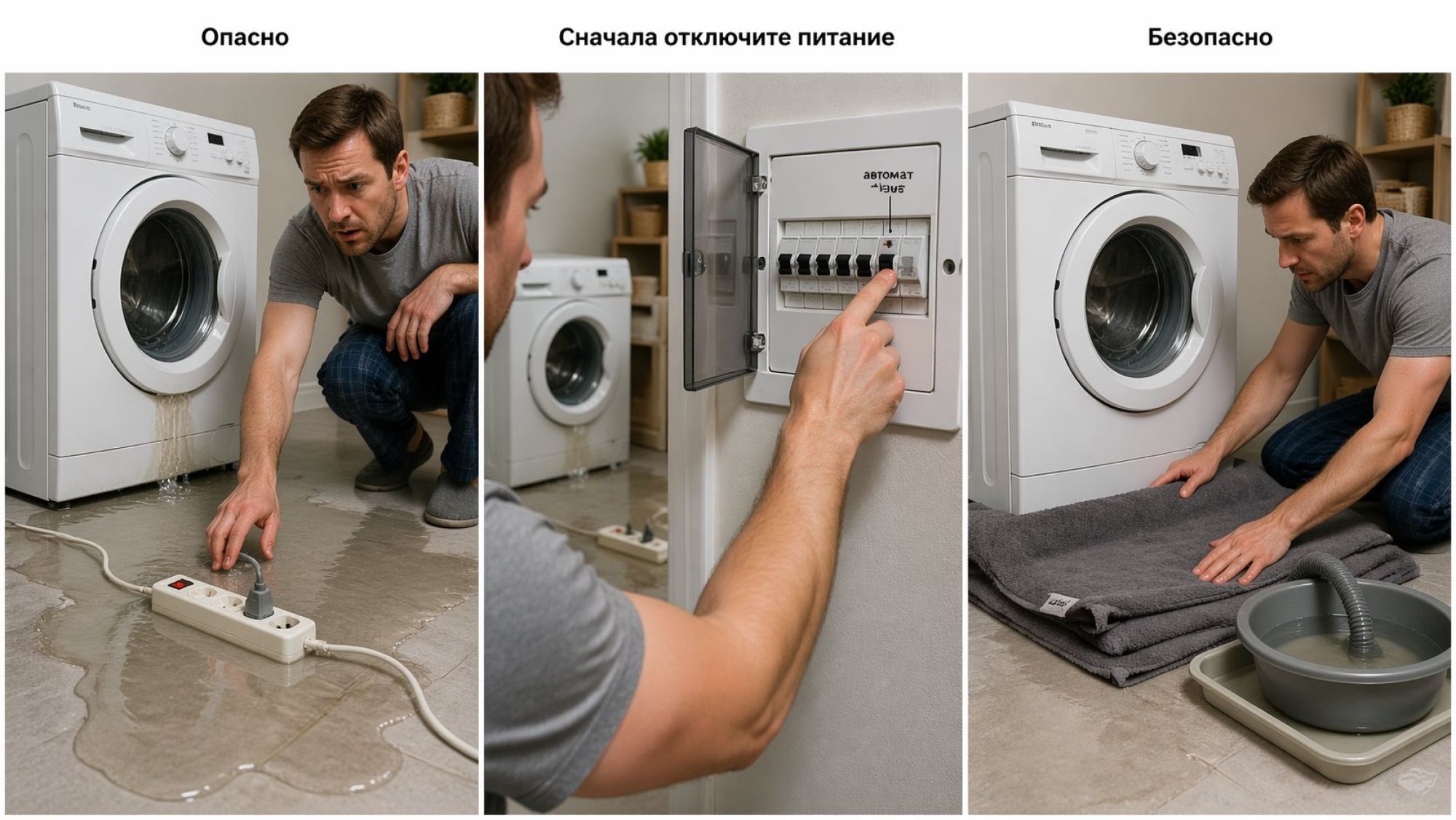 Современная ванная комната в нейтральных тонах, на полу вокруг стиральной машины видна небольшая, но заметная лужа воды. В центре композиции — взрослый человек в домашней одежде