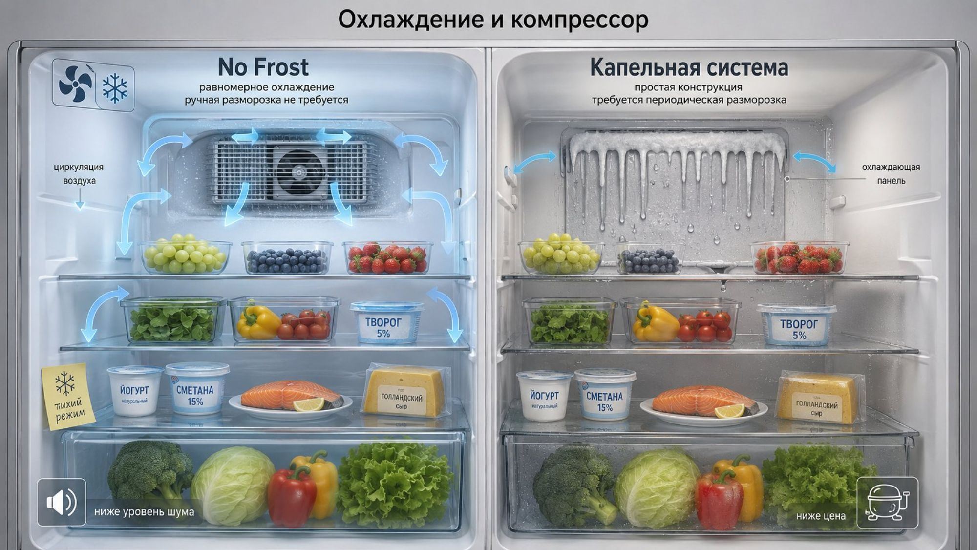 Горизонтальная инфографика‑сравнение двух типов охлаждения в холодильнике, вид спереди с прозрачными стенками, современный минималистичный стиль. Кадр поделен вертикальной линией