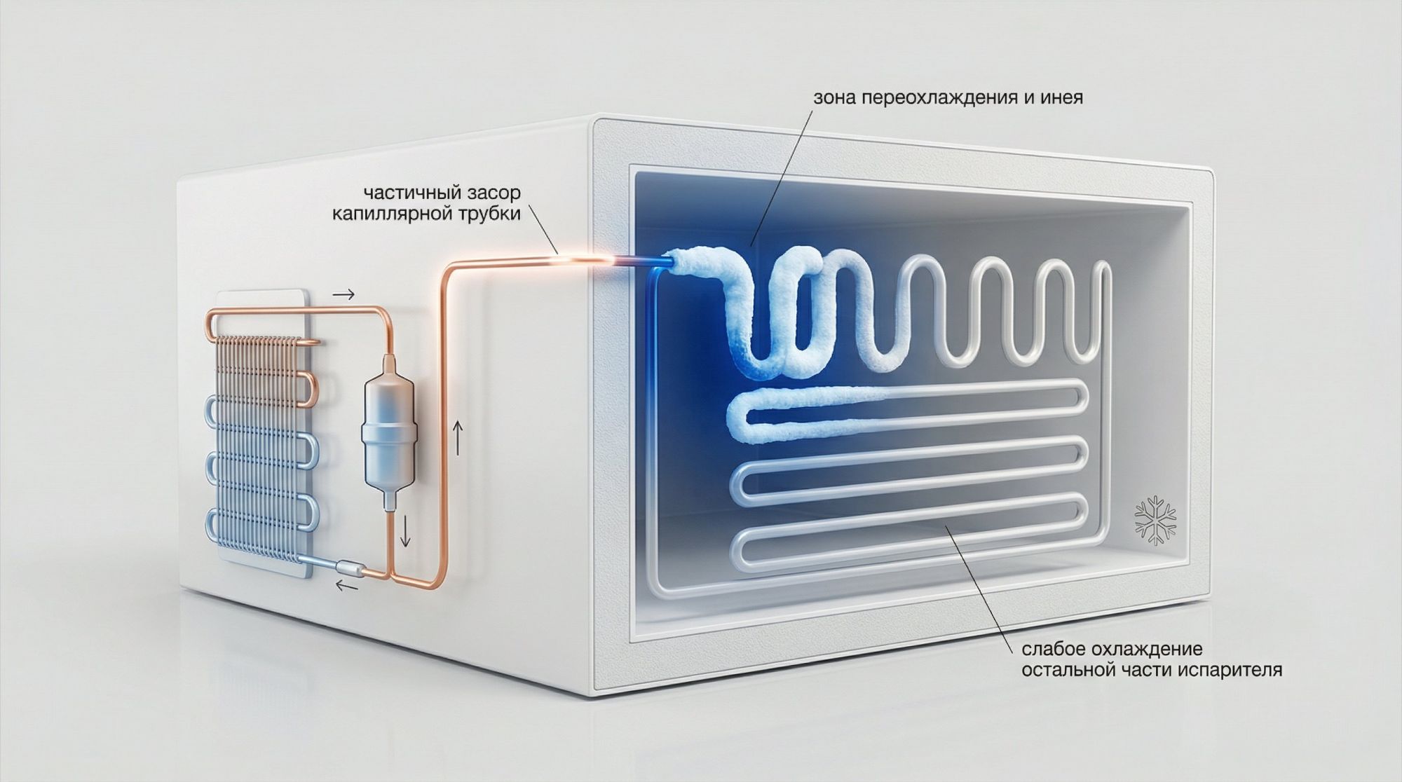 Современная аккуратная схема морозильной камеры в разрезе, вид сбоку. Справа показан испаритель в виде змеевика; его начало (верхняя левая часть змеевика) подсвечено насыщенным