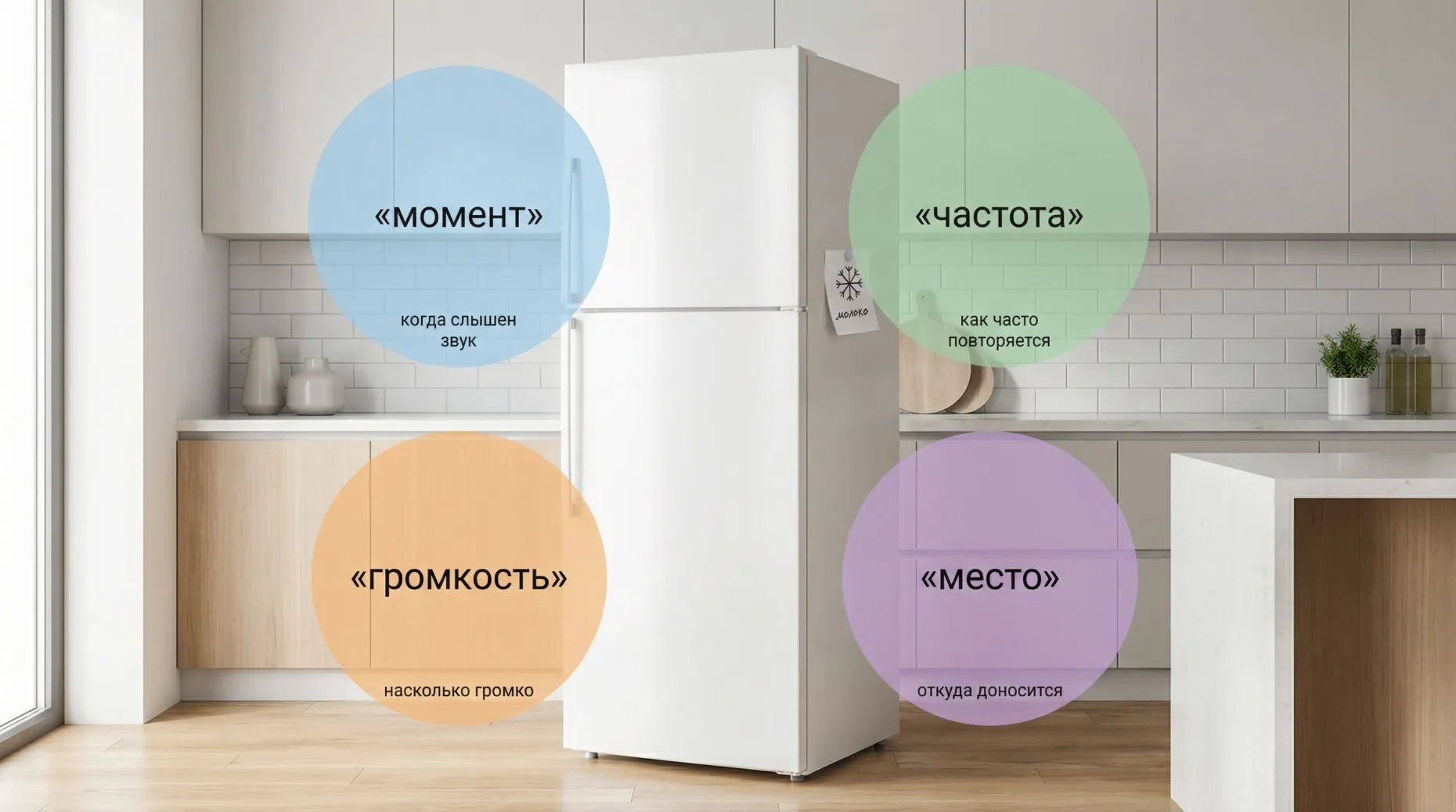 Современная кухня в спокойных тонах, в центре — стандартный холодильник в полный рост, вид немного под углом. Вокруг холодильника, не загромождая сцену, размещены четыре