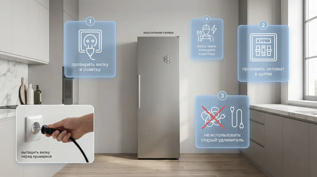 Современная кухня в нейтральных тонах, на переднем плане отдельно стоящая морозильная камера у стены. Вокруг нее показан визуальный чек-лист из трех–четырех шагов с простыми