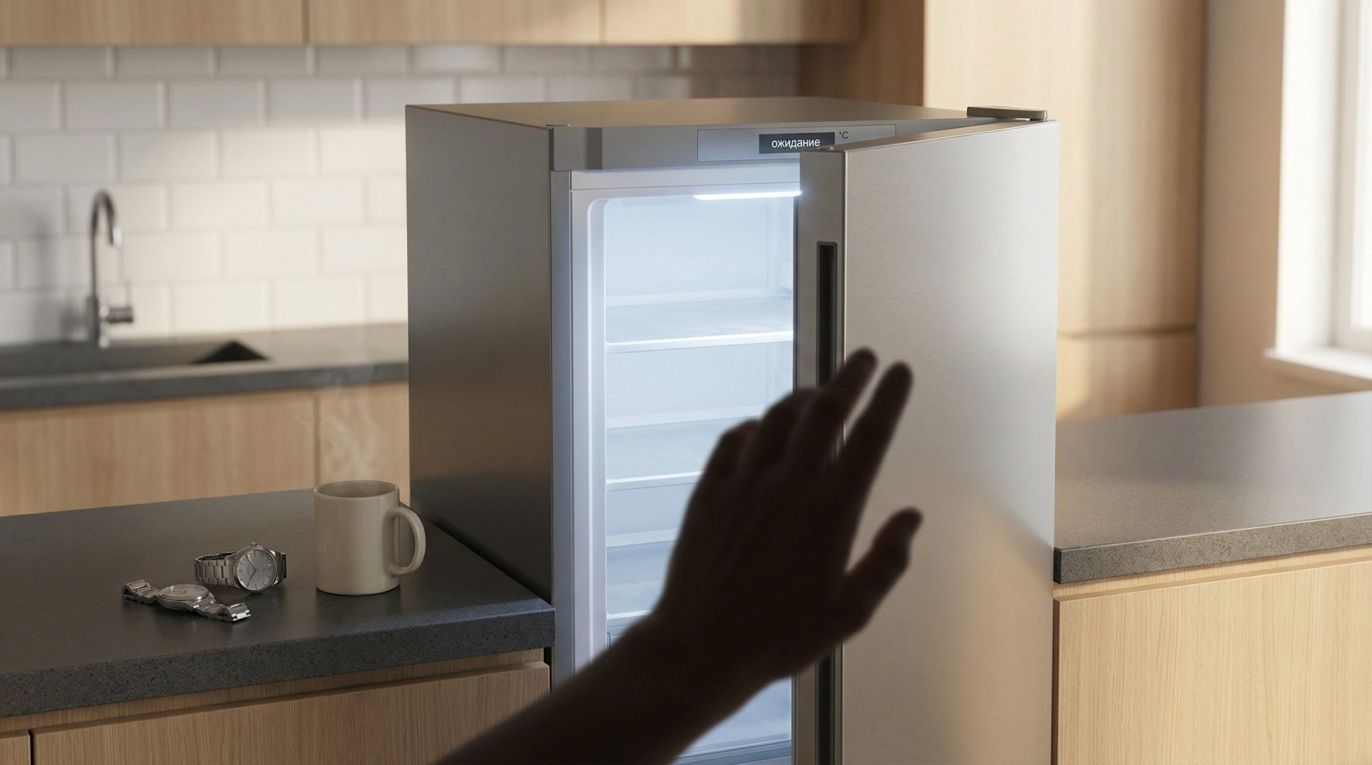 Изометрическая сцена кухни с отдельно стоящей морозильной камерой среднего размера. Дверь приоткрыта, внутри пустые или почти пустые полки, без льда. Рядом на столешнице лежат