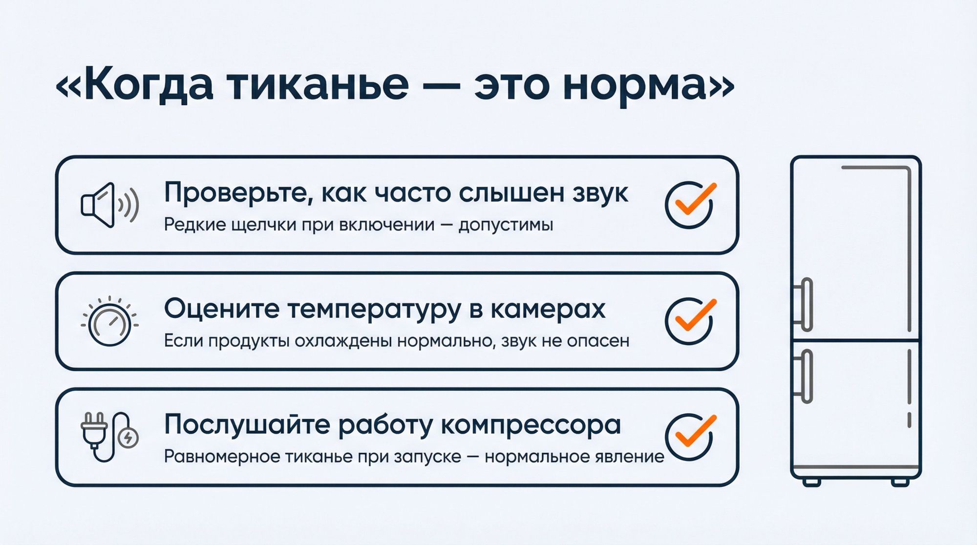 Простая вертикальная инфографика в виде чек‑листа с крупным заголовком сверху: «Когда тиканье — это норма». Фон светлый, справа небольший силуэт холодильника как иконка. Слева