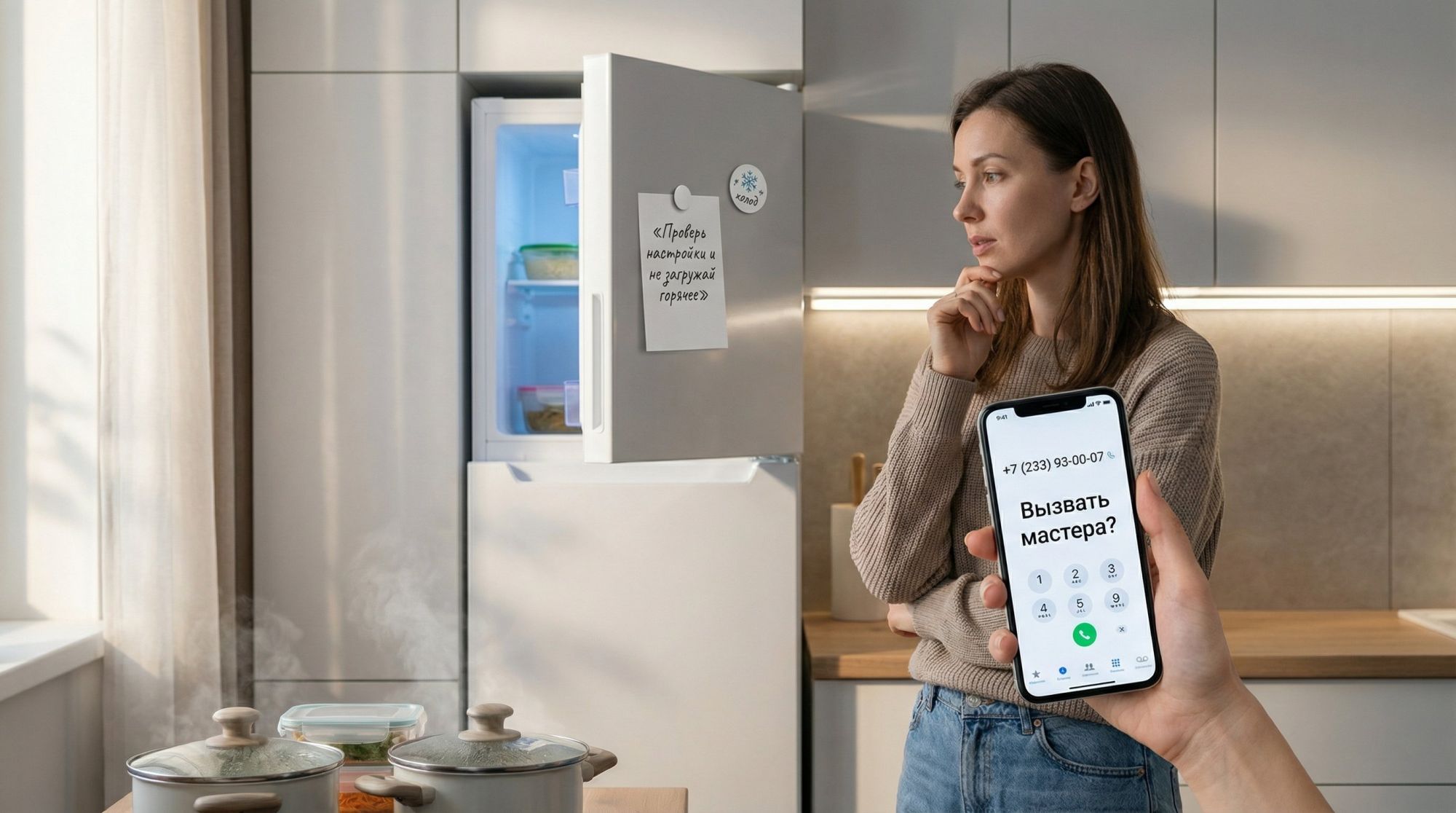 Современная светлая кухня, в центре — обычный двухкамерный холодильник, слегка приоткрытая дверь. На переднем плане хозяйка с телефоном в руке, на экране крупно видно номер