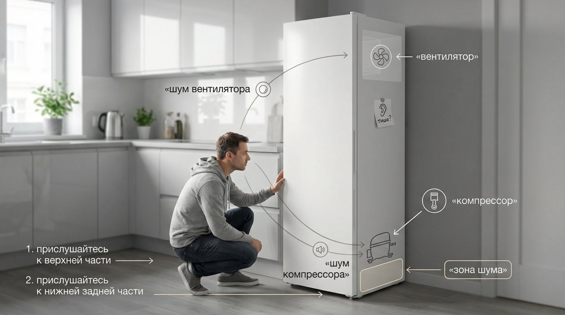 Современная кухня в нейтральных тонах, в центре — стоящий отдельно белый холодильник. На переднем плане слева — человек в домашней одежде слегка присел на корточки у задней нижней