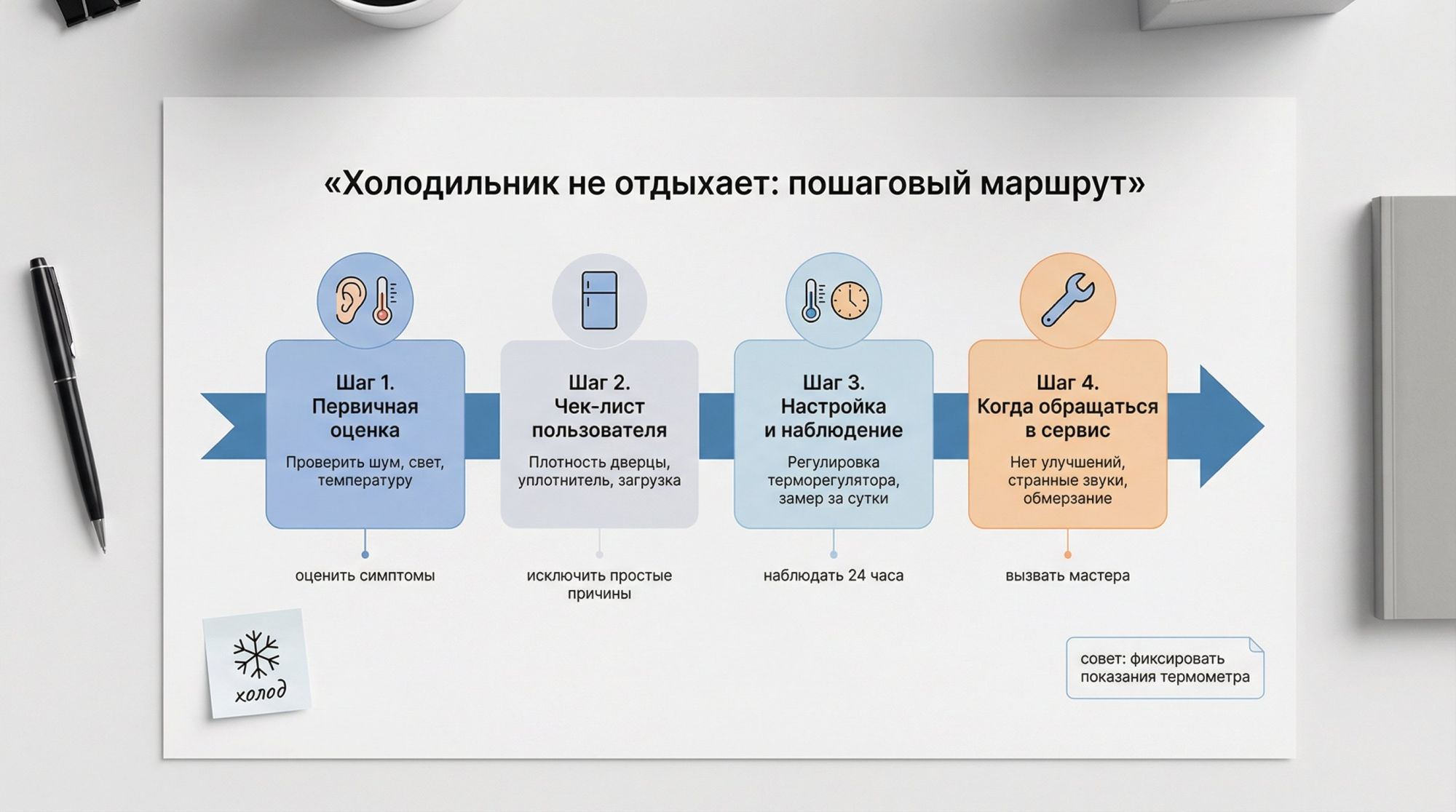 Горизонтальная инфографика‑схема в современном минималистичном стиле: «Алгоритм действий и когда идти в сервис». Вверху по центру крупный заголовок: «Холодильник не отдыхает