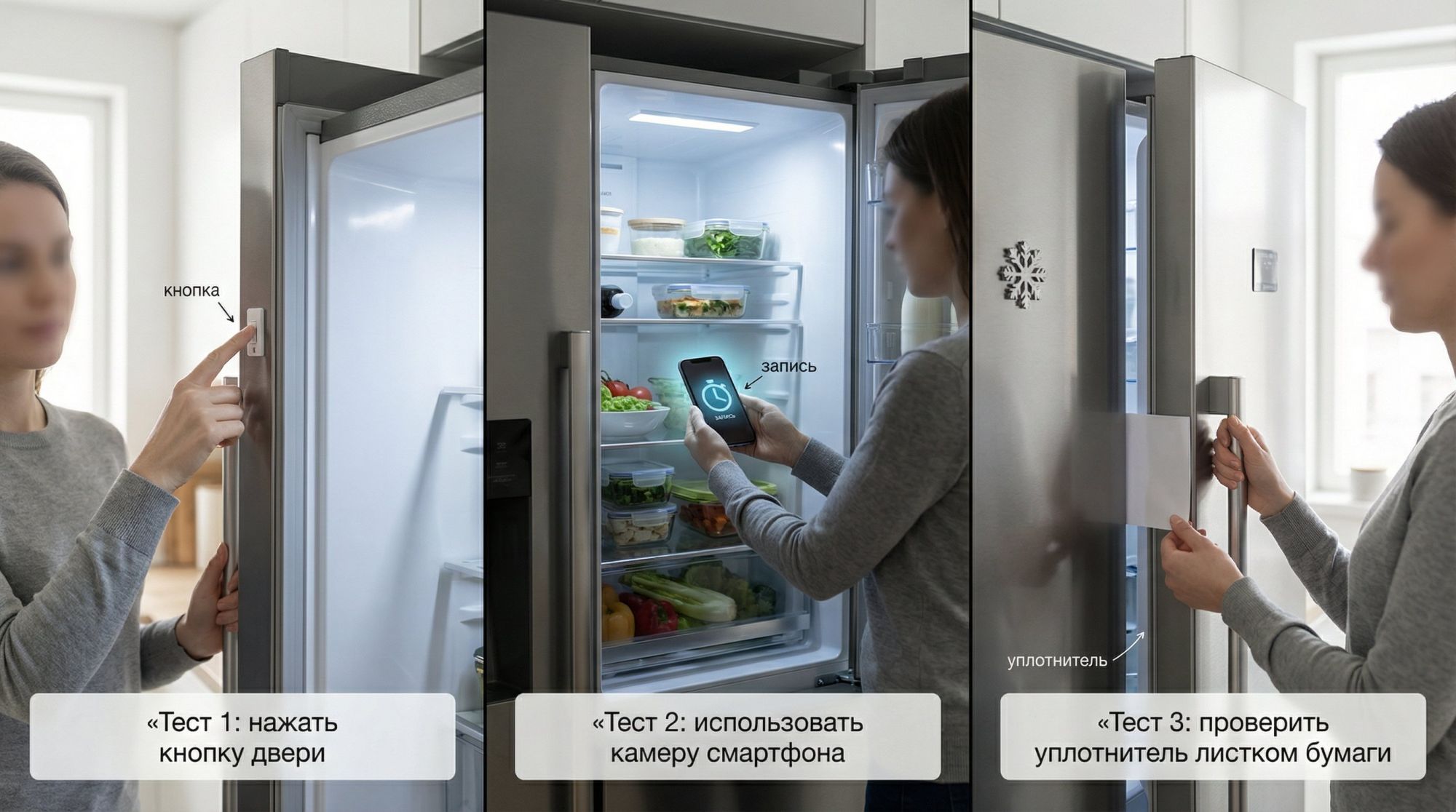 Современная кухня, вид на открытый холодильник на уровне пояса. В центре композиции человек (без детализации лица, нейтральный силуэт) проводит сразу три простых теста