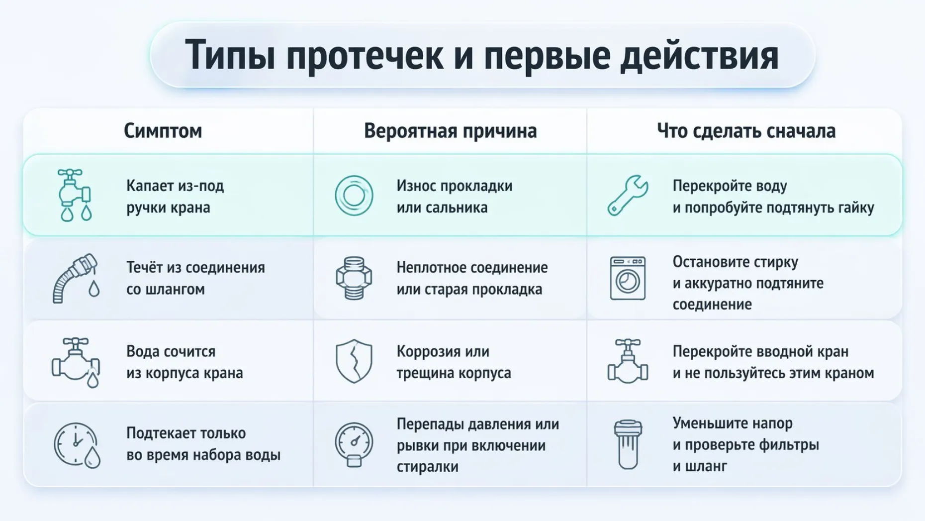 Горизонтальная инфографика в виде простой таблицы‑схемы «Симптом — причина — что сделать сначала» для четырёх типов протечек. Таблица без жёсткой рамки, три колонки с мягкими