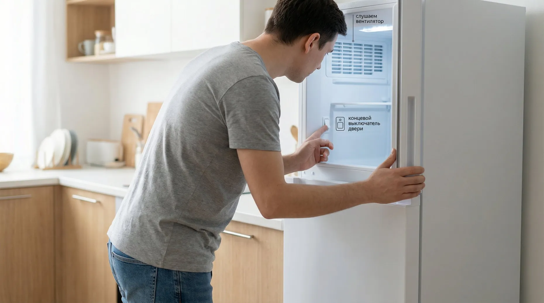 Полуреалистичная сцена: человек вполоборота стоит у холодильника No Frost на светлой кухне, ухо наклонено к решёткам в зоне морозилки. Дверца холодильника почти закрыта: одной