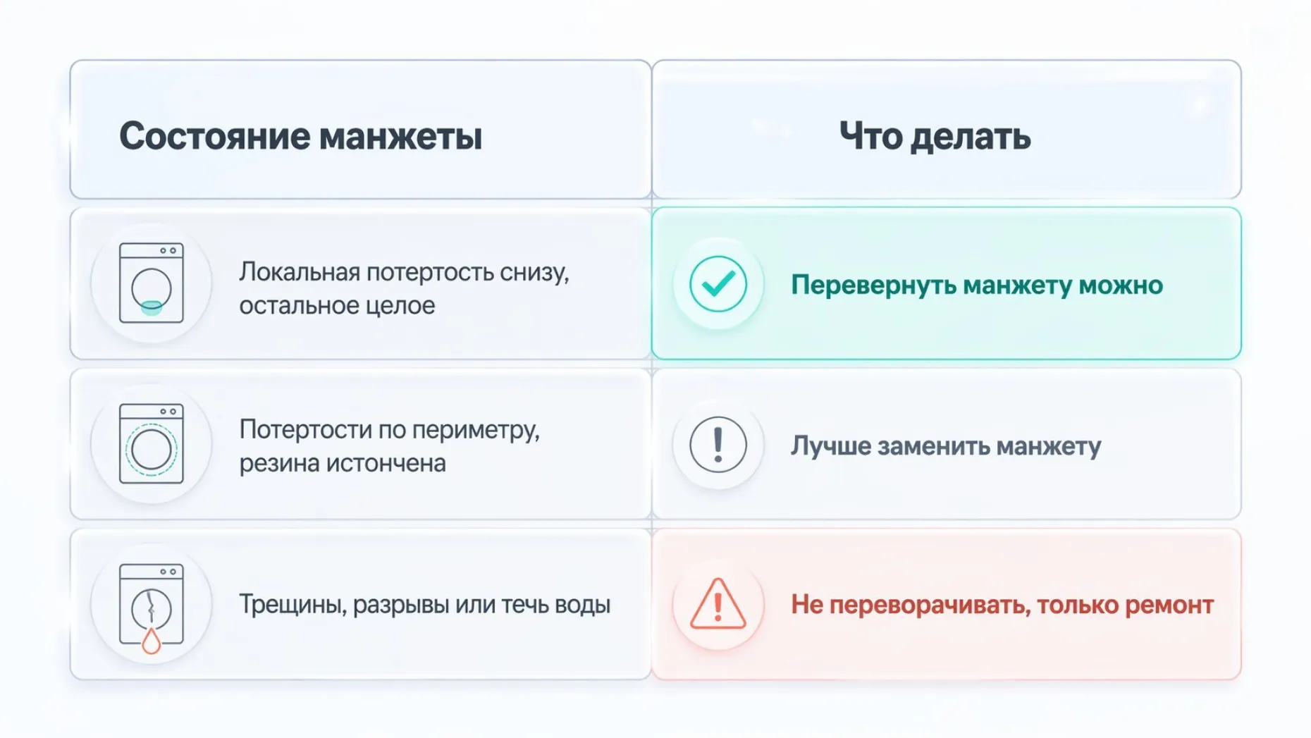 Простая таблица‑матрица на светлом фоне с четырьмя строками. Слева заголовок столбца «Состояние манжеты», справа заголовок «Что делать». Каждая строка в отдельной горизонтальной