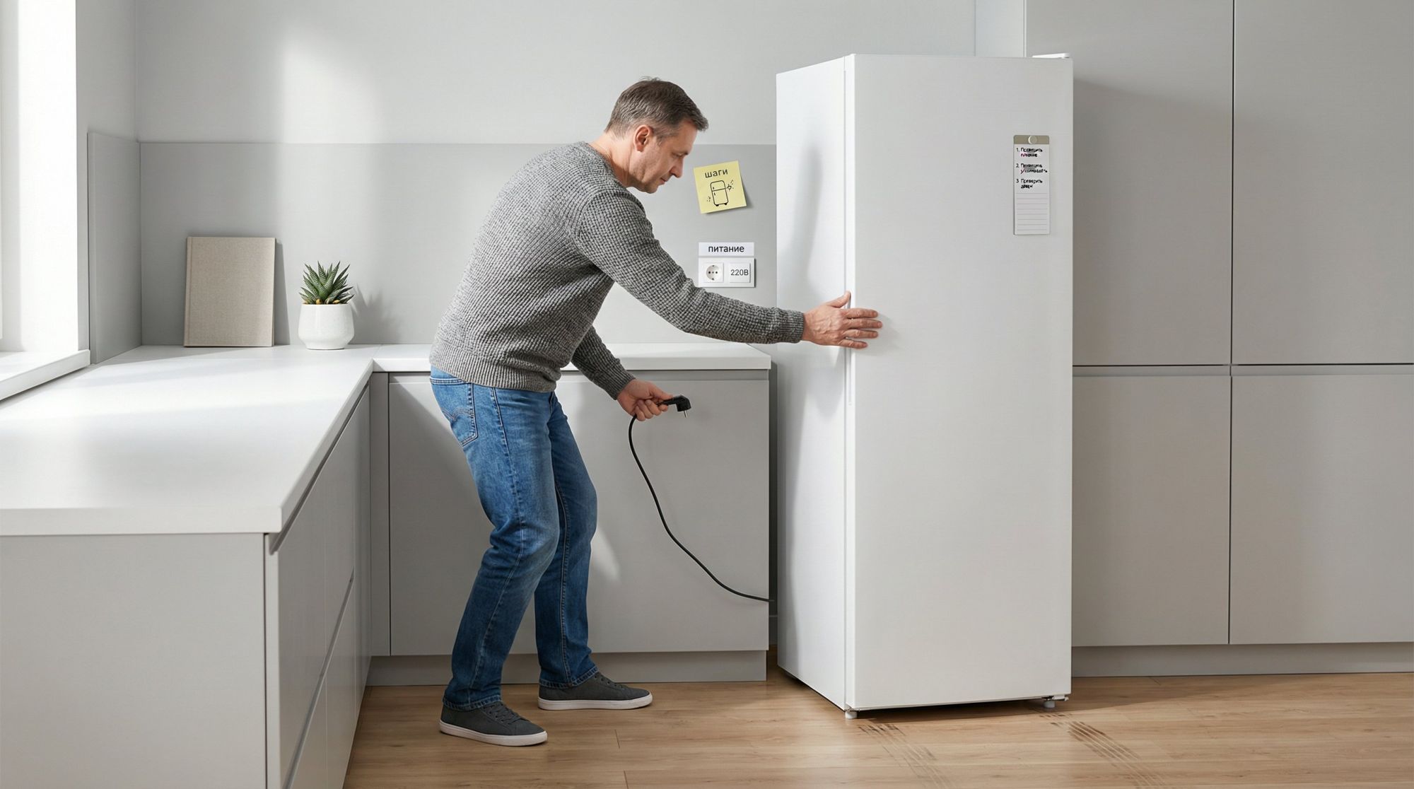 Современная аккуратная кухня в спокойных тонах, минимум деталей. На переднем плане мужчина средних лет слегка наклоняется к высокому белому холодильнику, который только что