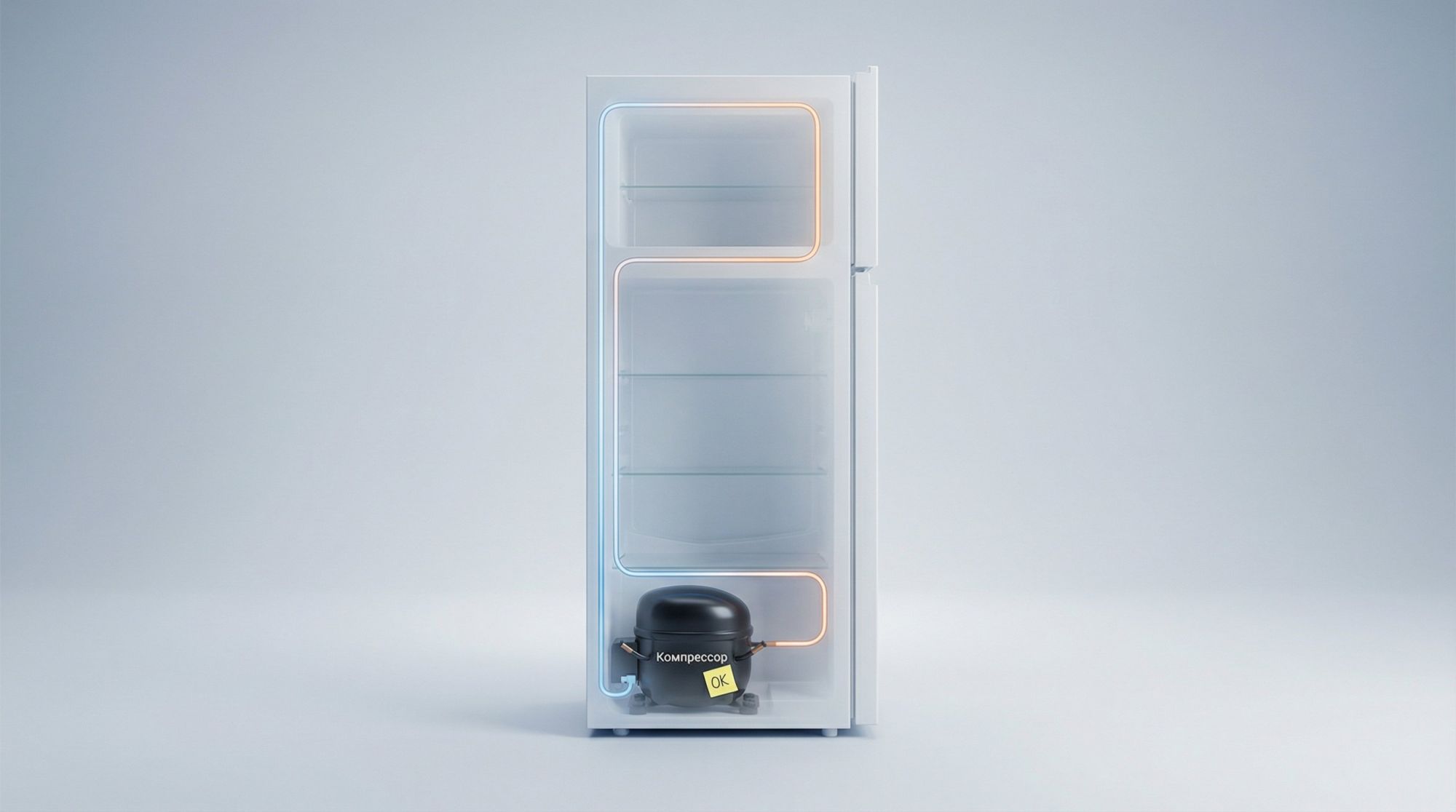 Современный холодильник в разрезе, показанный в полуизометрии, на светлом нейтральном фоне. Левая половина — условный разрез корпуса: видны две камеры, полки, при этом внутри на