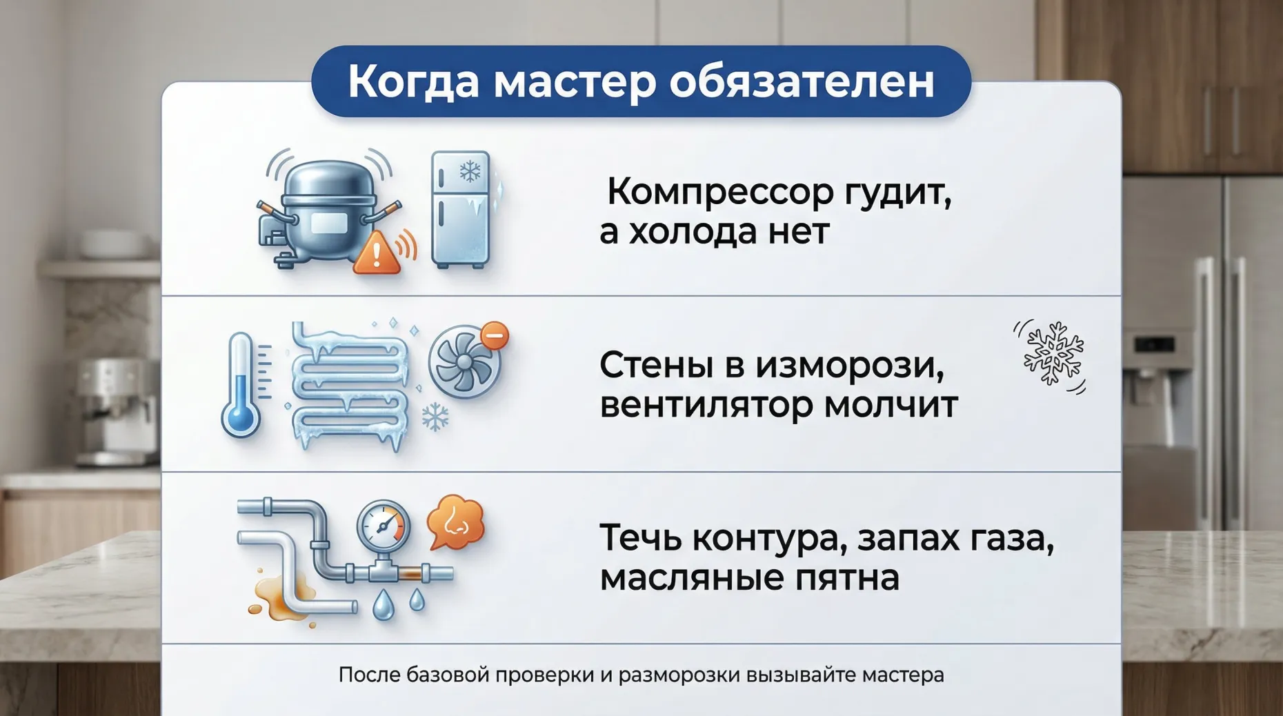 Инфографика в виде вертикального списка с заголовком сверху: крупный текст по центру шапки «Когда мастер обязателен». Под шапкой три широких горизонтальных блока с иконками и