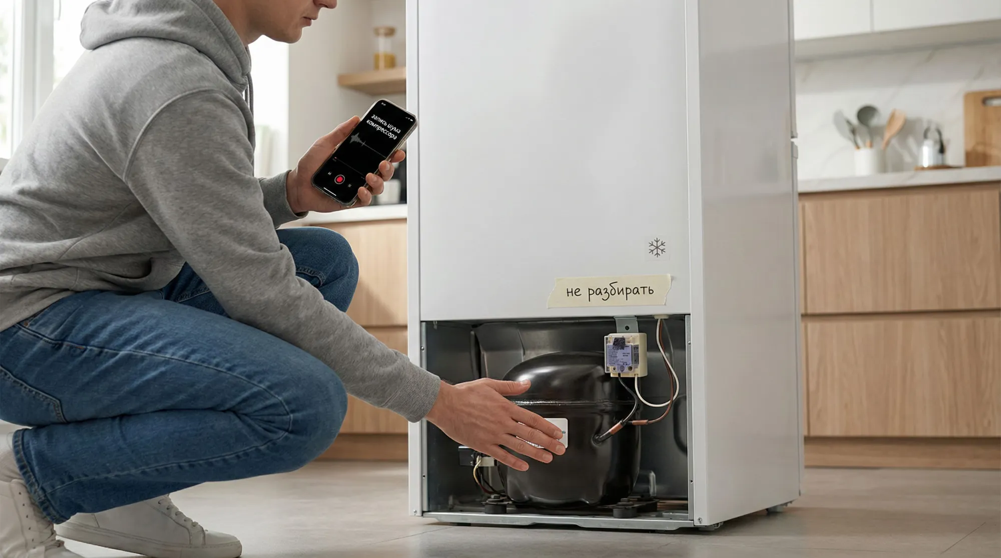 Современная кухня в полубоковом ракурсе, на переднем плане человек в домашней одежде присел рядом с задней стенкой холодильника. Панель холодильника развернута к зрителю: хорошо