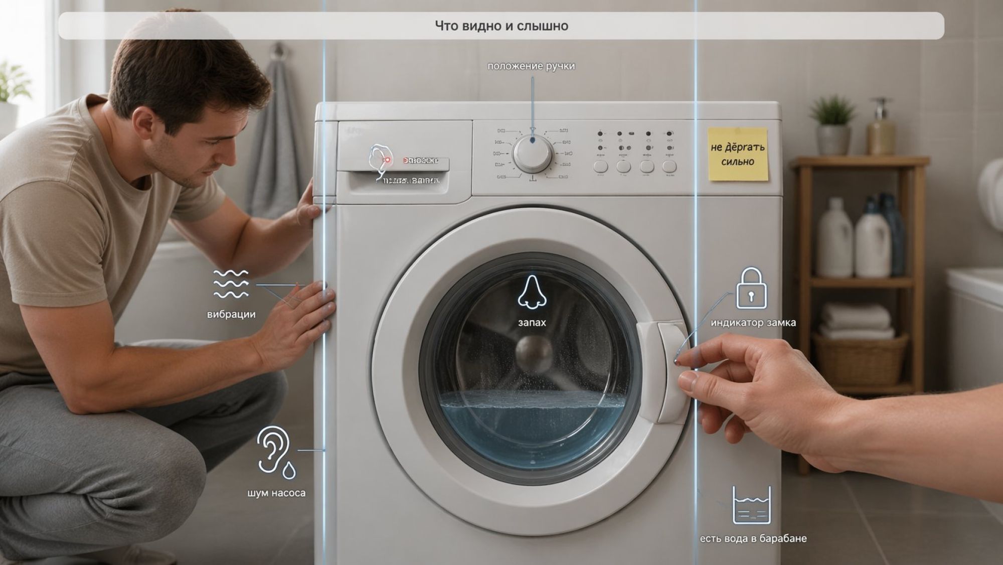 Небольшая современная ванная, в центре крупным планом фронтальная стиральная машина на уровне пояса. Сцена разбита на три вертикальные зоны с тонкими полупрозрачными