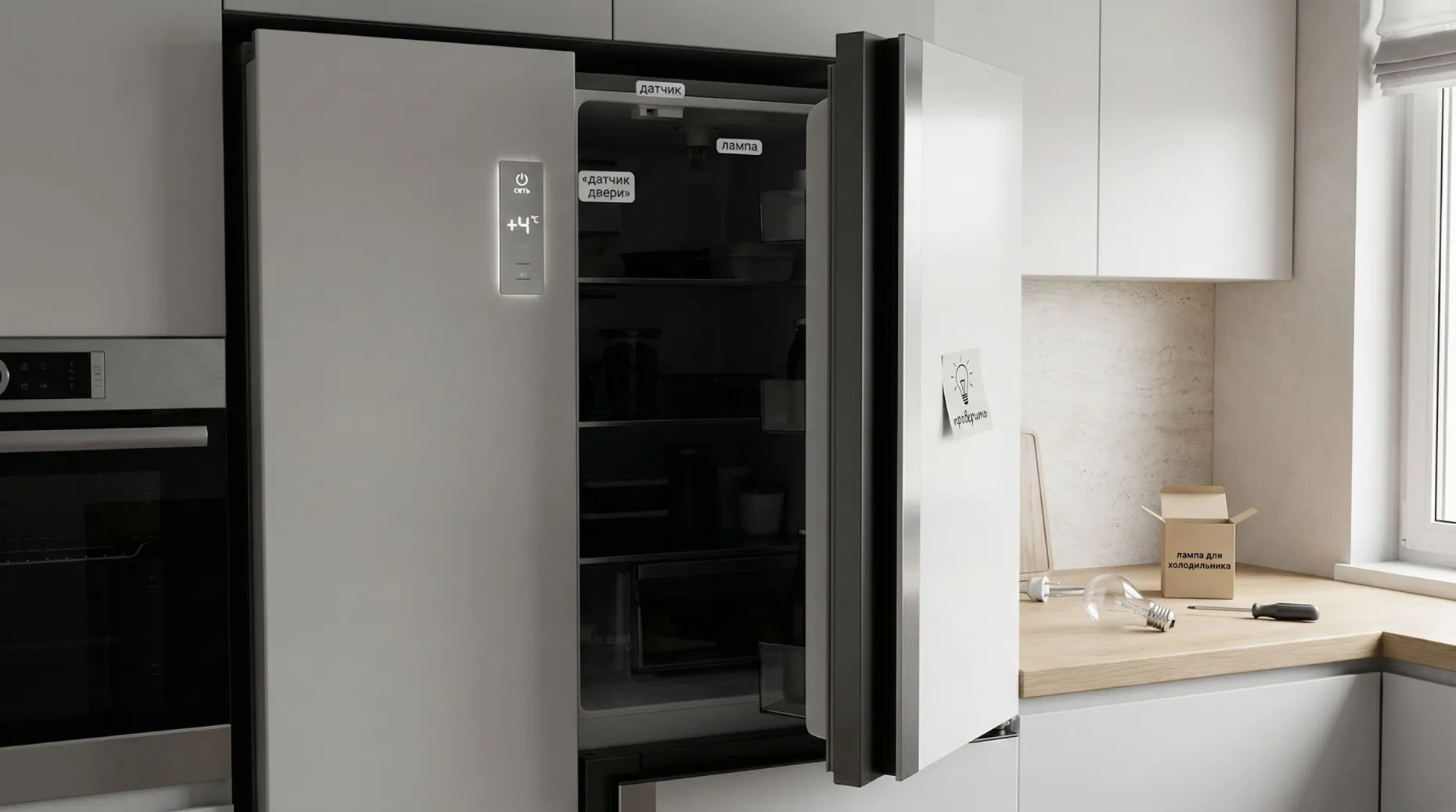 Современная кухня в нейтральных тонах, на переднем плане открытая дверца холодильника. Внутри явно темно: видны силуэты полок и продуктов в полутени, но лампочка не светится. На