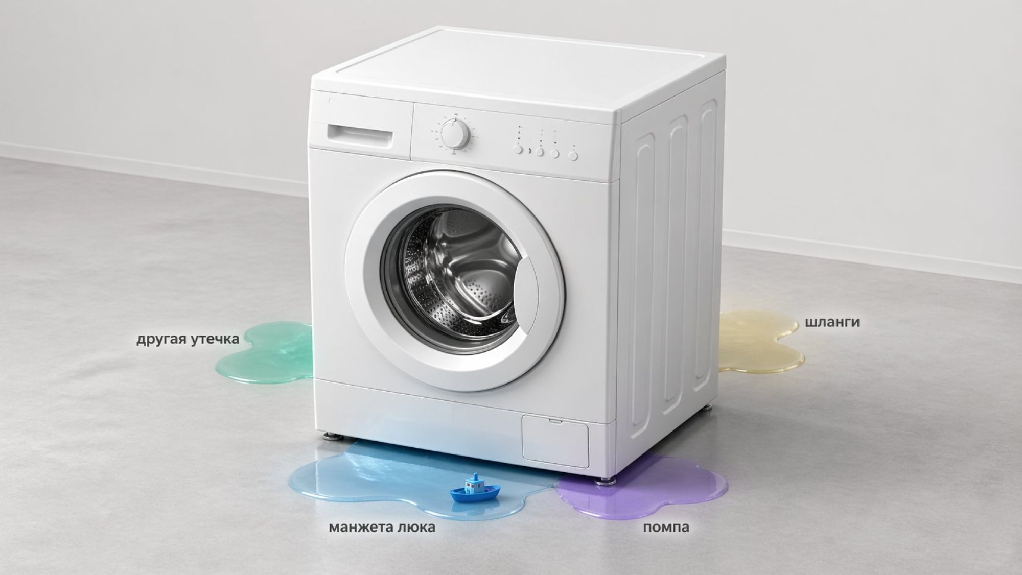 Современная фронтальная стиральная машина показана в легкой изометрии, без лишних деталей интерьера, на ней схематично выделены разные зоны возможных луж. На полу вокруг машинки