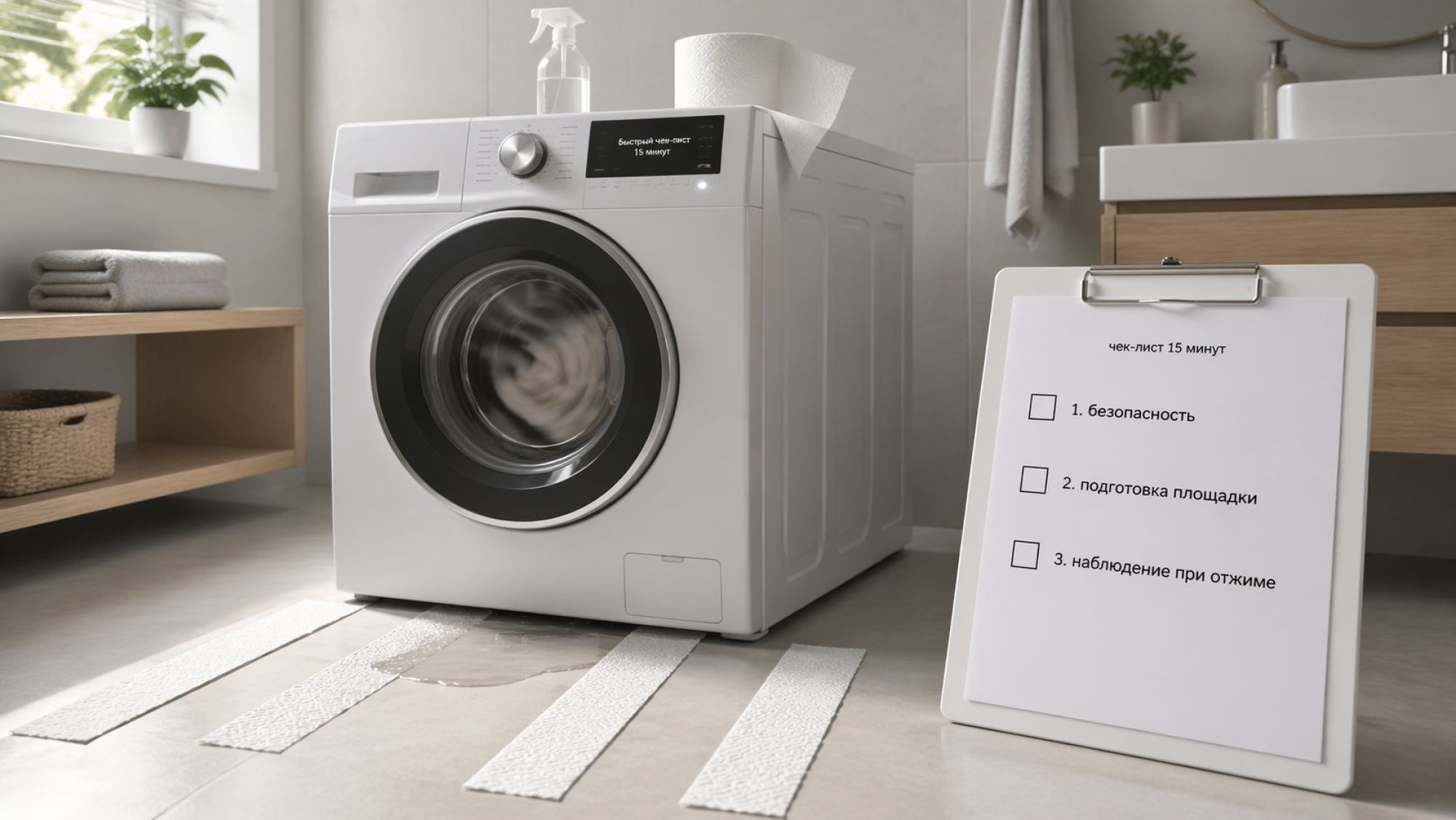 Современная стиральная машина в ванной, вид немного сверху сбоку. Вокруг — аккуратная сцена «быстрого чек-листа». Спереди на полу — сухие белые полосы бумаги/бумажных полотенец