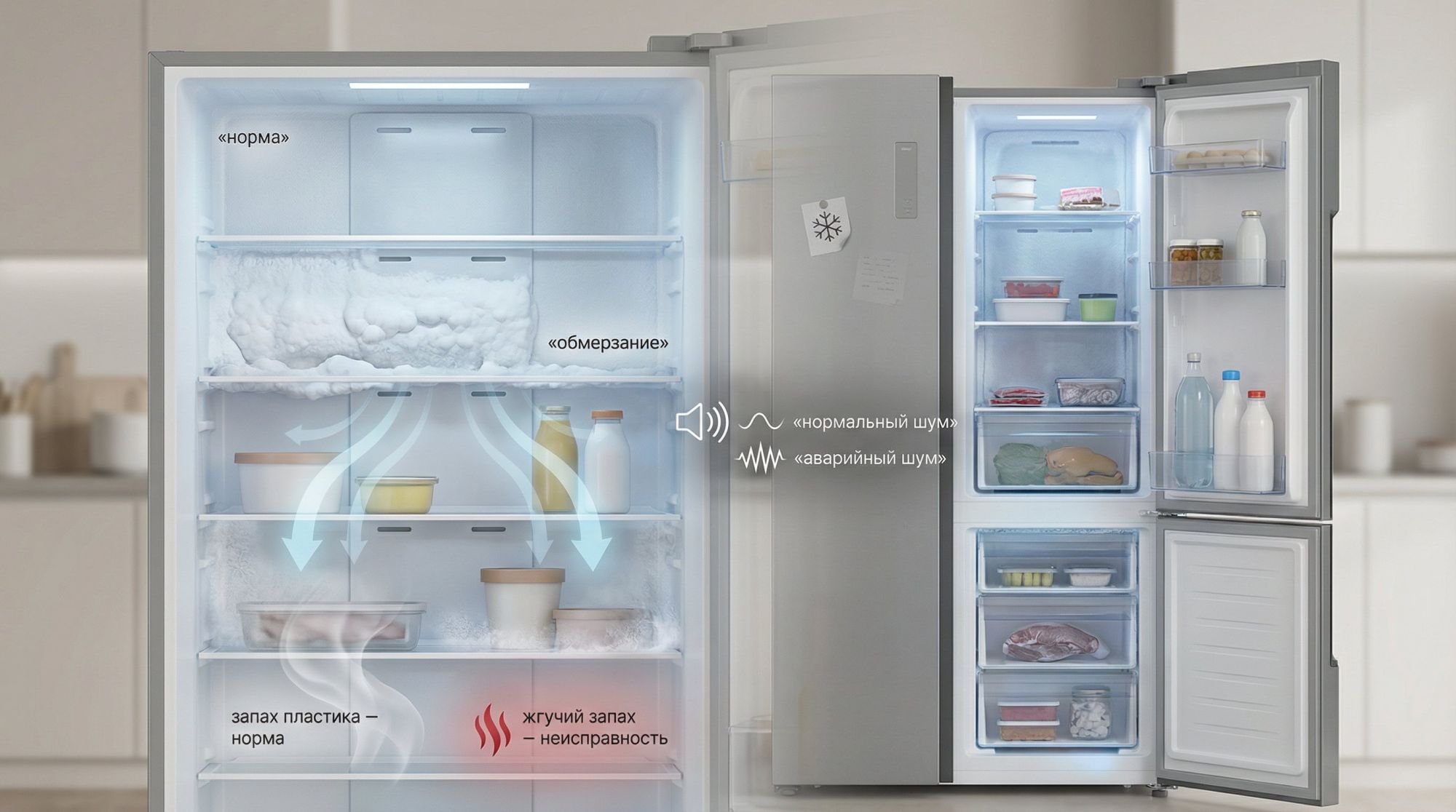 Вертикальный разрез бытового двухкамерного холодильника в современном минималистичном стиле, вид спереди, стенки условно полупрозрачные. Слева внутри холодильная камера, справа