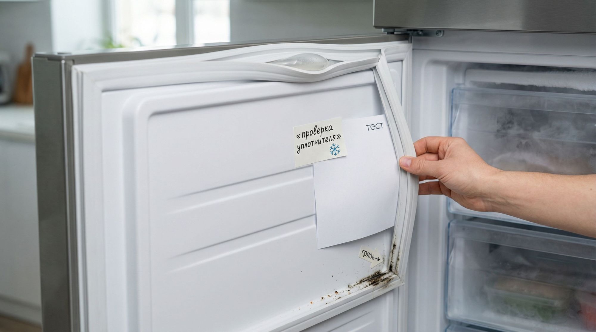 Крупный, аккуратный вид на открытую дверцу морозильной камеры на уровне глаз. Основной объект — белый резиновый уплотнитель по периметру двери, показан крупным планом: видны