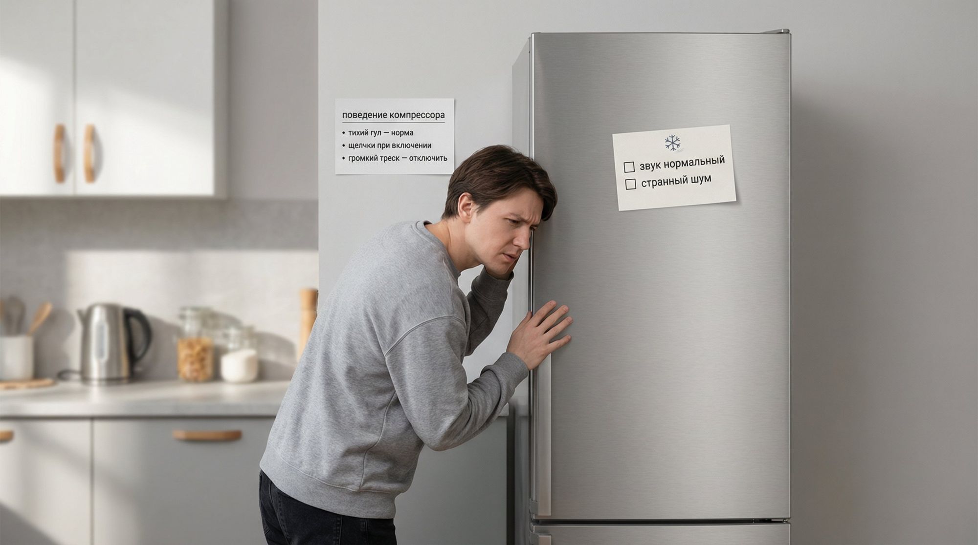 Современная кухня в нейтральных тонах, в центре — стандартный двухкамерный холодильник в фас. На переднем плане человек в домашней одежде стоит боком к зрителю, ладонью касается