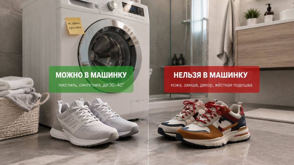 Современная стиральная машина в ванной, рядом на полу две пары кроссовок, визуально разделённые на «можно» и «нельзя». Слева, ближе к машинке, пара аккуратных текстильных