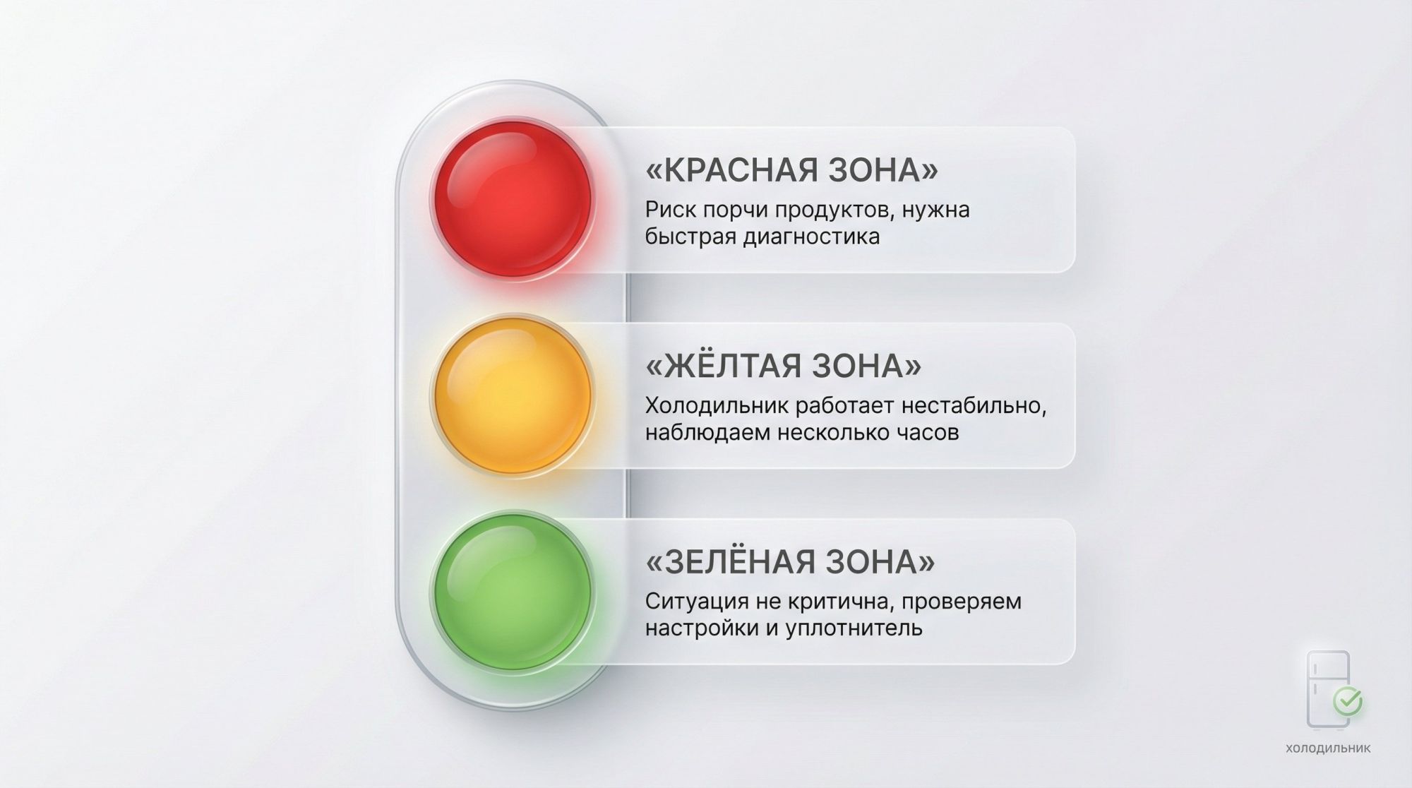 Инфографика в виде вертикального «светофора» на чистом светлом фоне, без лишних деталей. Слева крупная вертикальная колонка с тремя кругами-сигналами: сверху красный, посередине