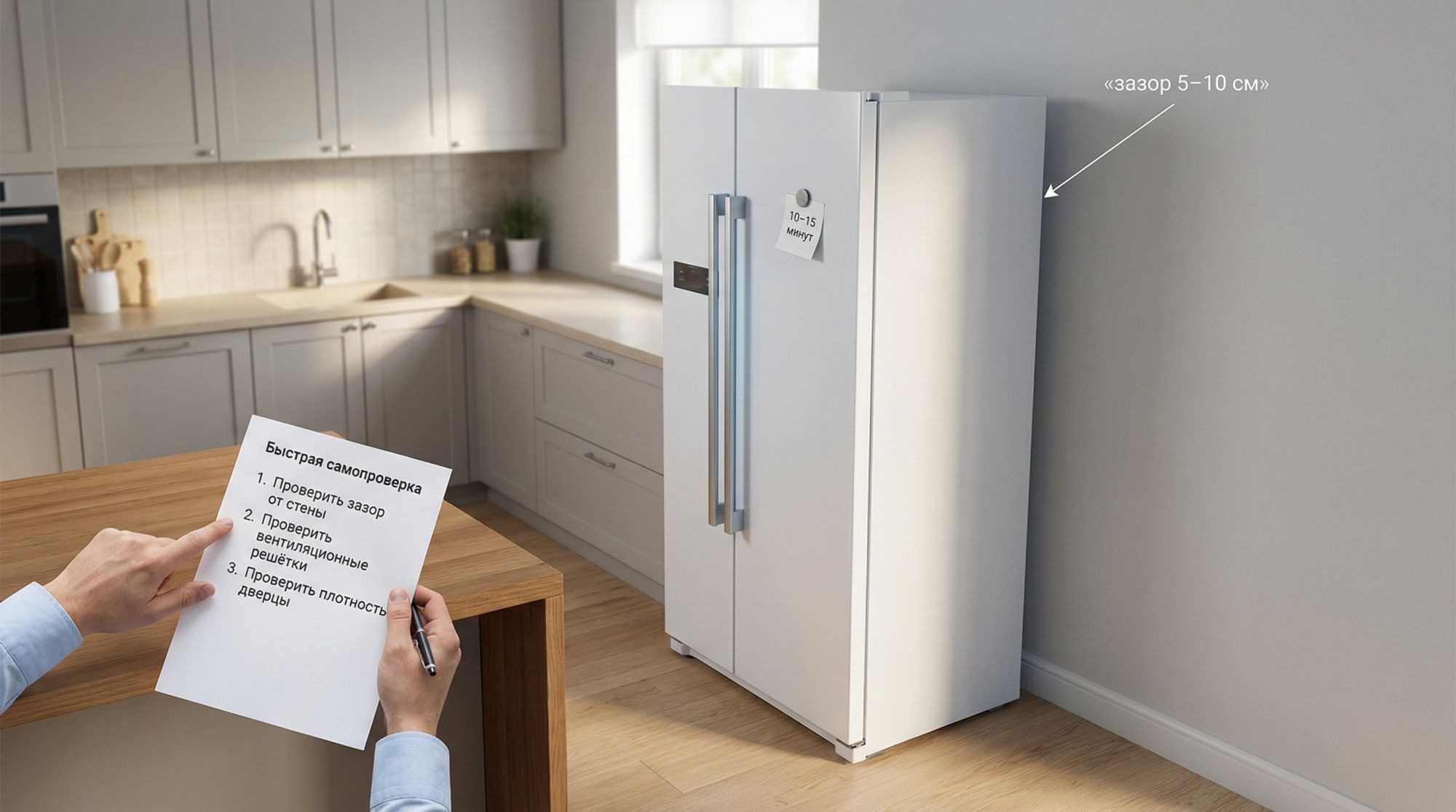 Современная аккуратная кухня в спокойных тонах, в центре — высокий холодильник в полный рост, немного отодвинутый от стены. Вид слегка сверху, чтобы был понятен зазор между задней