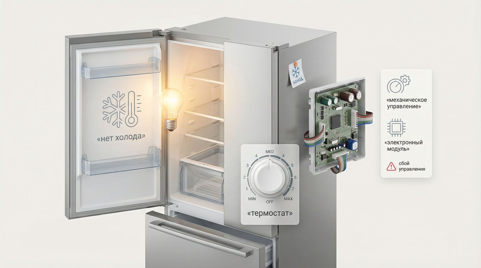 Современная аккуратная инфографика в виде вертикального чек-листа из 8 шагов диагностики холодильника без разбора. Справа стилизованный холодильник, нарисованный простыми плоскими