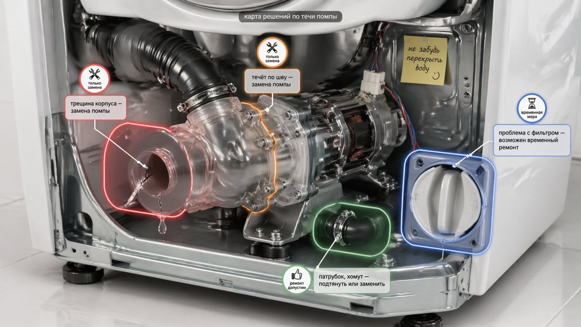 Изометрический разрез нижней части стиральной машины в современном минималистичном стиле. Видна помпа (улитка с моторчиком), к ней подключены резиновые патрубки и хомуты. Вокруг —