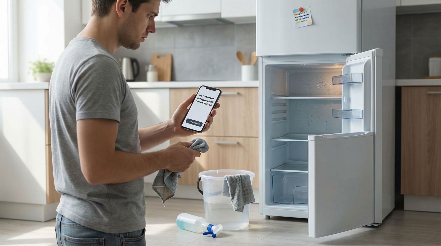 Современная кухня, в центре — обычный холодильник в полуоткрытом виде. Слева от него на полу ведро с водой и тряпка, рядом — пульверизатор. На переднем плане хозяин или хозяйка с