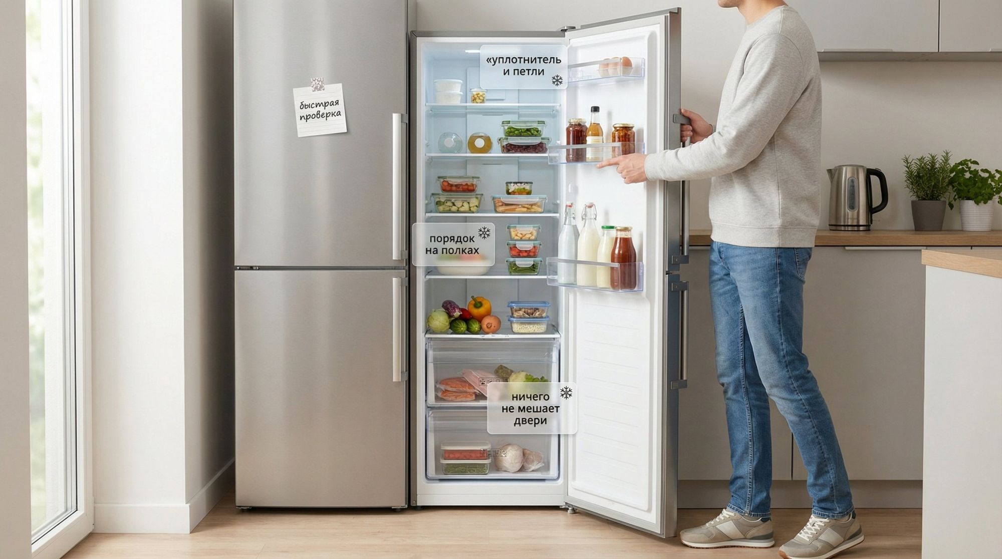 Современная аккуратная кухня в нейтральных тонах, на переднем плане обычный двухдверный холодильник с приоткрытой дверью. Владелец в простой домашней одежде стоит сбоку, одной