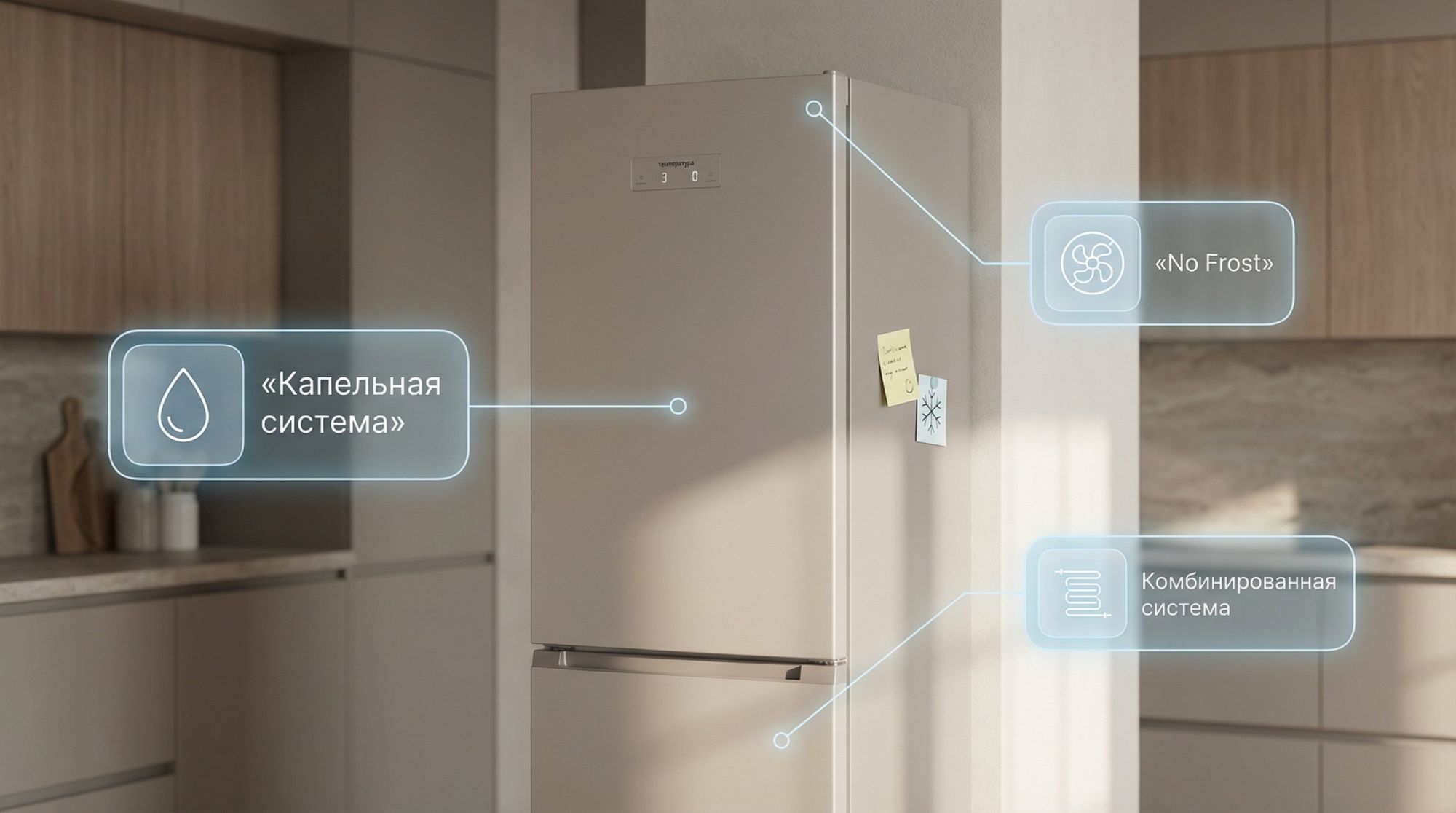 Современная кухня в слегка приглушённых тонах, в центре — крупный вид стоящего холодильника без брендов. Вокруг него, как подсказки, расположены три полупрозрачные подписи с
