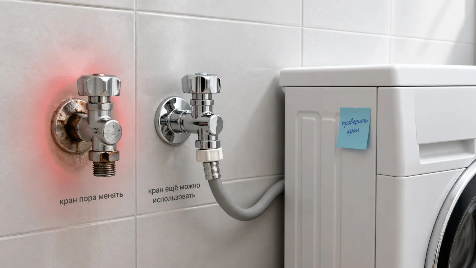 Современная аккуратная ванная комната крупным планом на зоне подключения стиральной машины. Справа внизу виден угол стиральной машины, слева на стене два крана: старый и новый