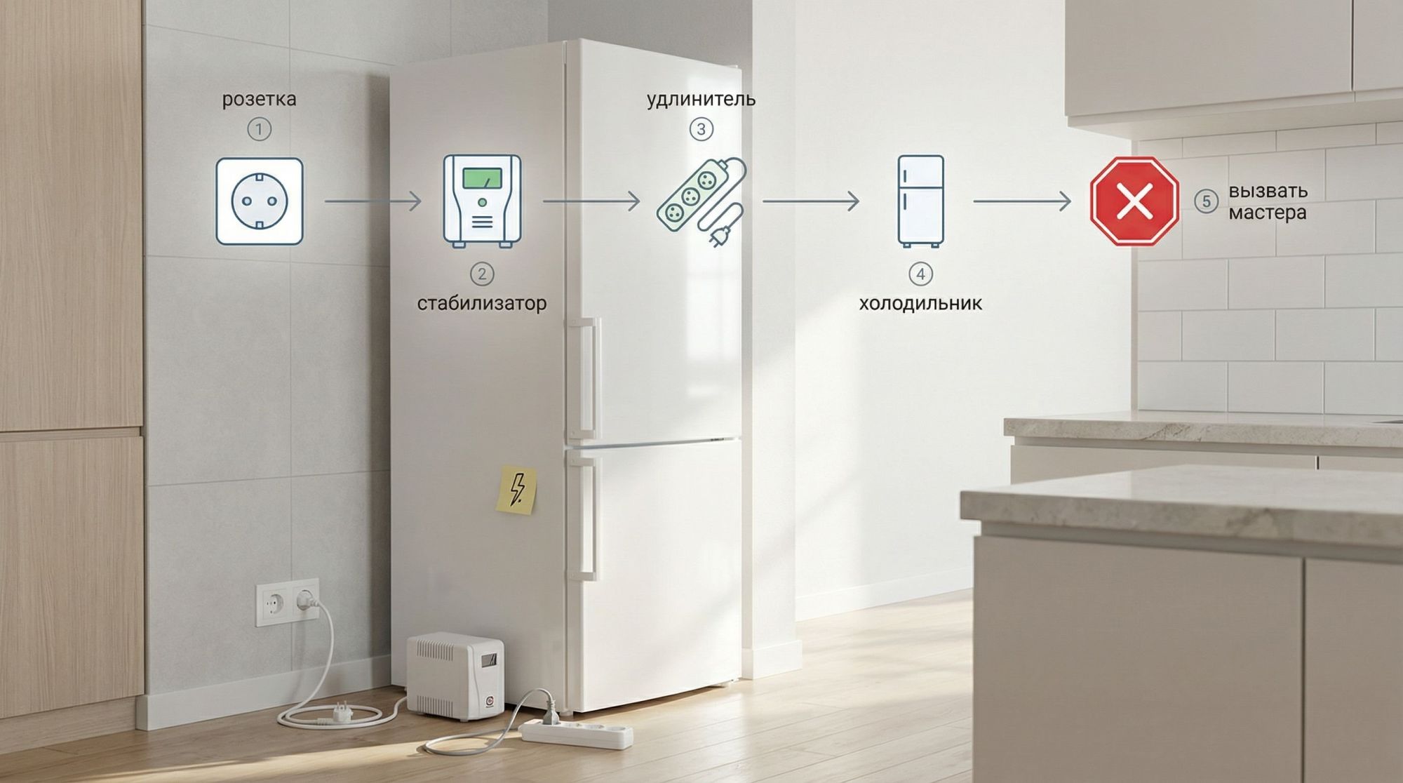 Современная, аккуратная иллюстрация: вид сбоку части кухни, где главный акцент на холодильнике и цепочке питания. Слева — напольный холодильник, вилка у него вынута и лежит на